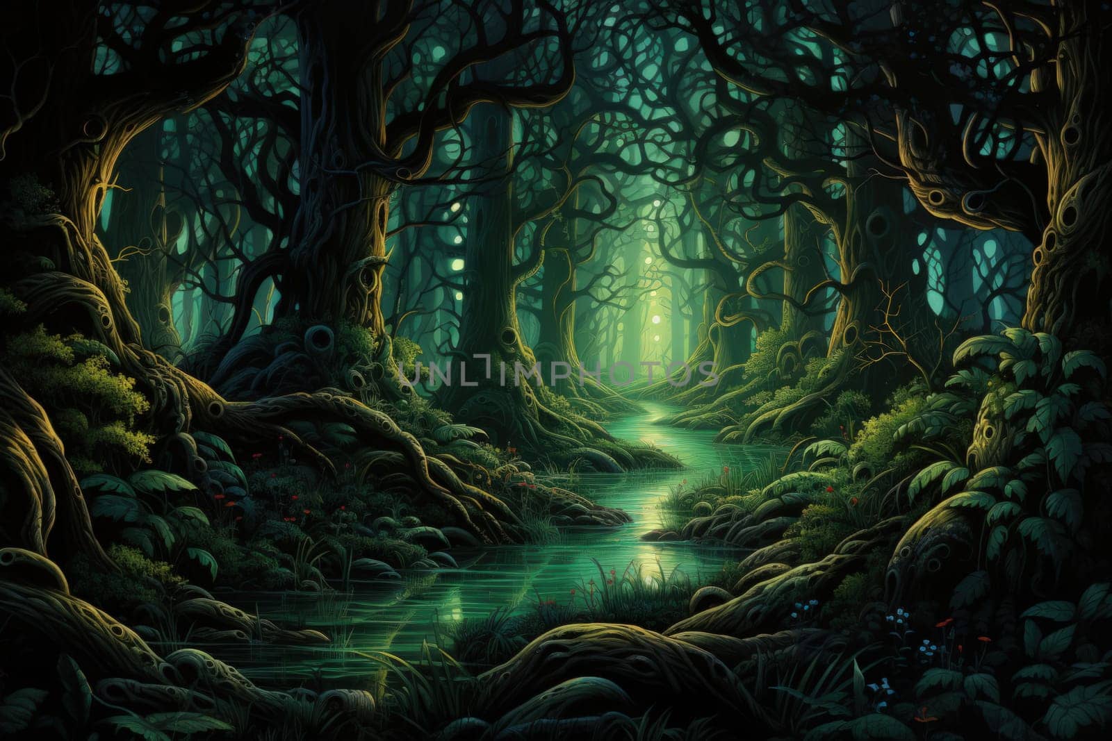 Journey through mystical forests filled with enchanted flora and sentient, conversing trees, where reality seamlessly intertwines with fantasy.
