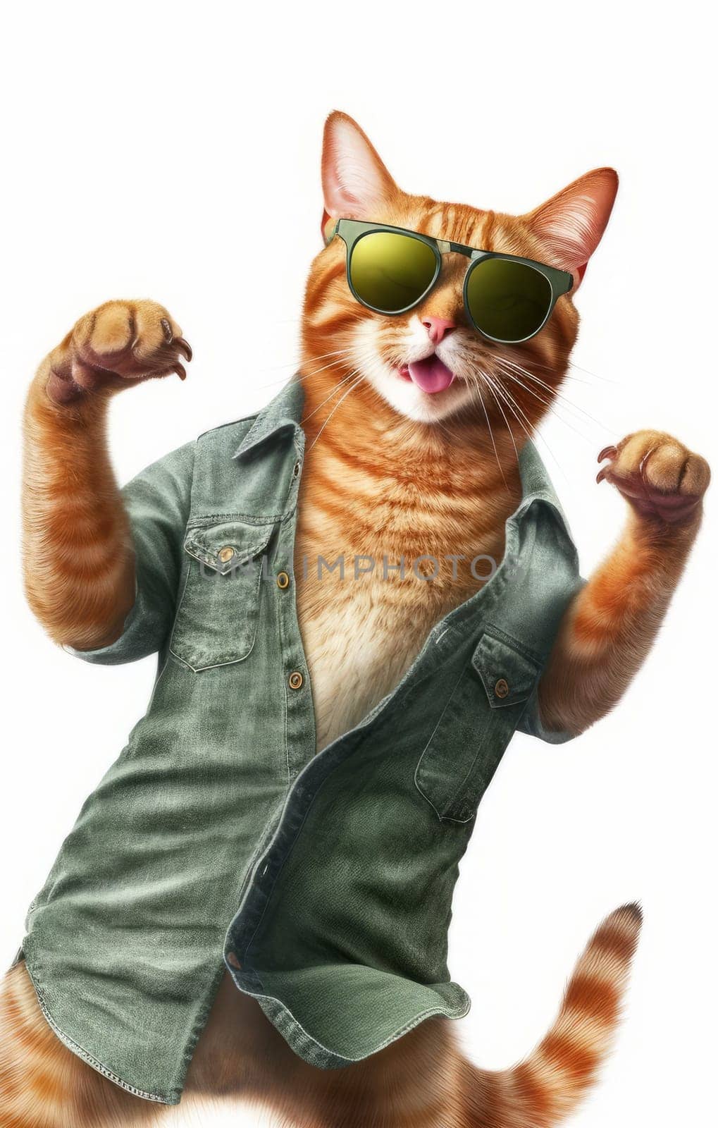 Cute ginger cat in a denim shirt and sunglasses standing on a white background.