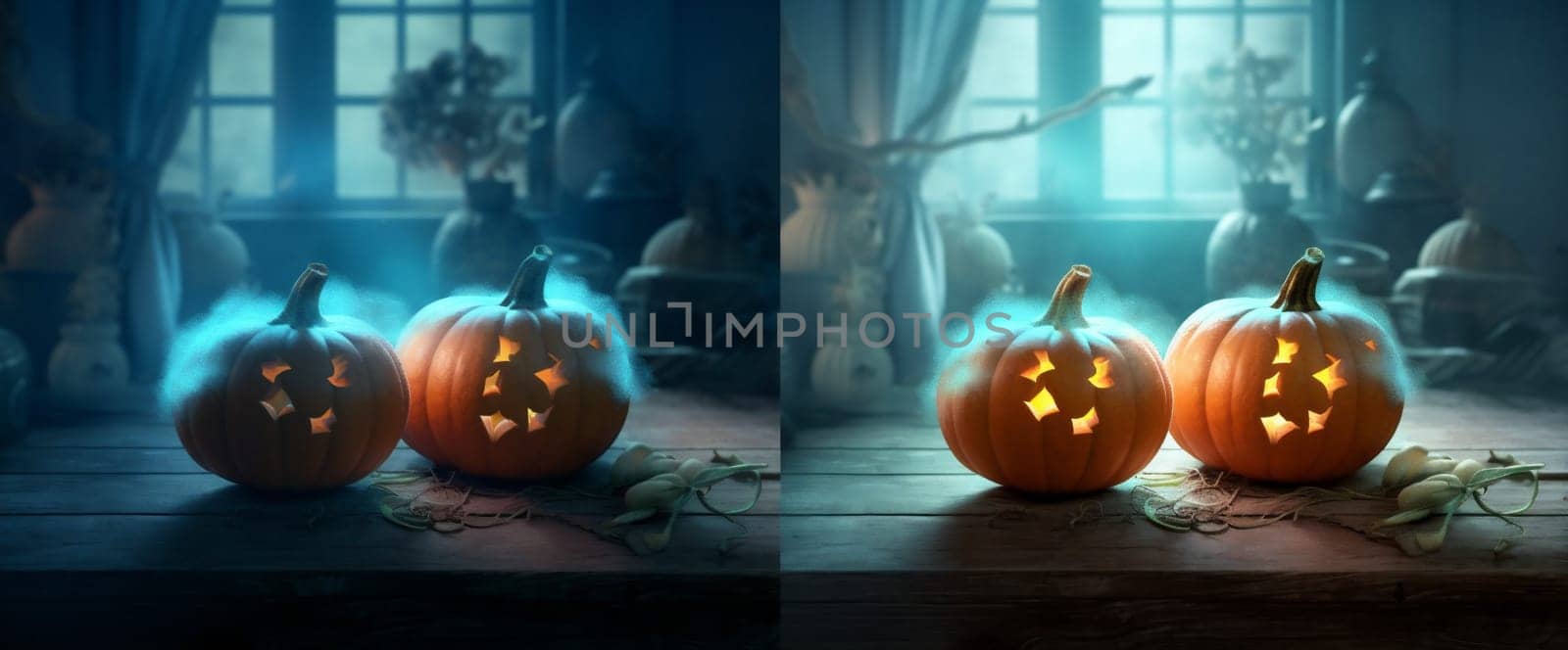 table evil halloween blue horror background pumpkin gothic fear mystery night. Generative AI. by Vichizh