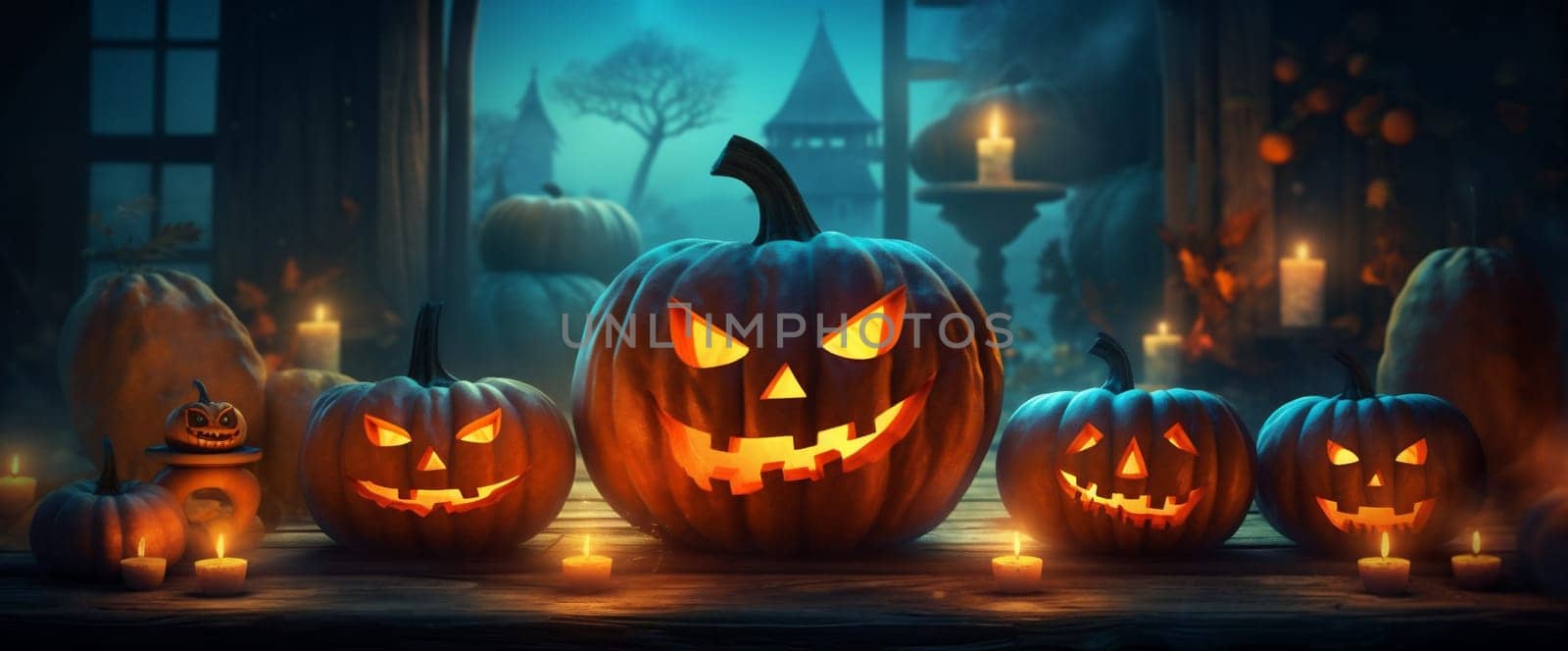 halloween mystery pumpkin silhouette evil horror fear background blue table night. Generative AI. by Vichizh