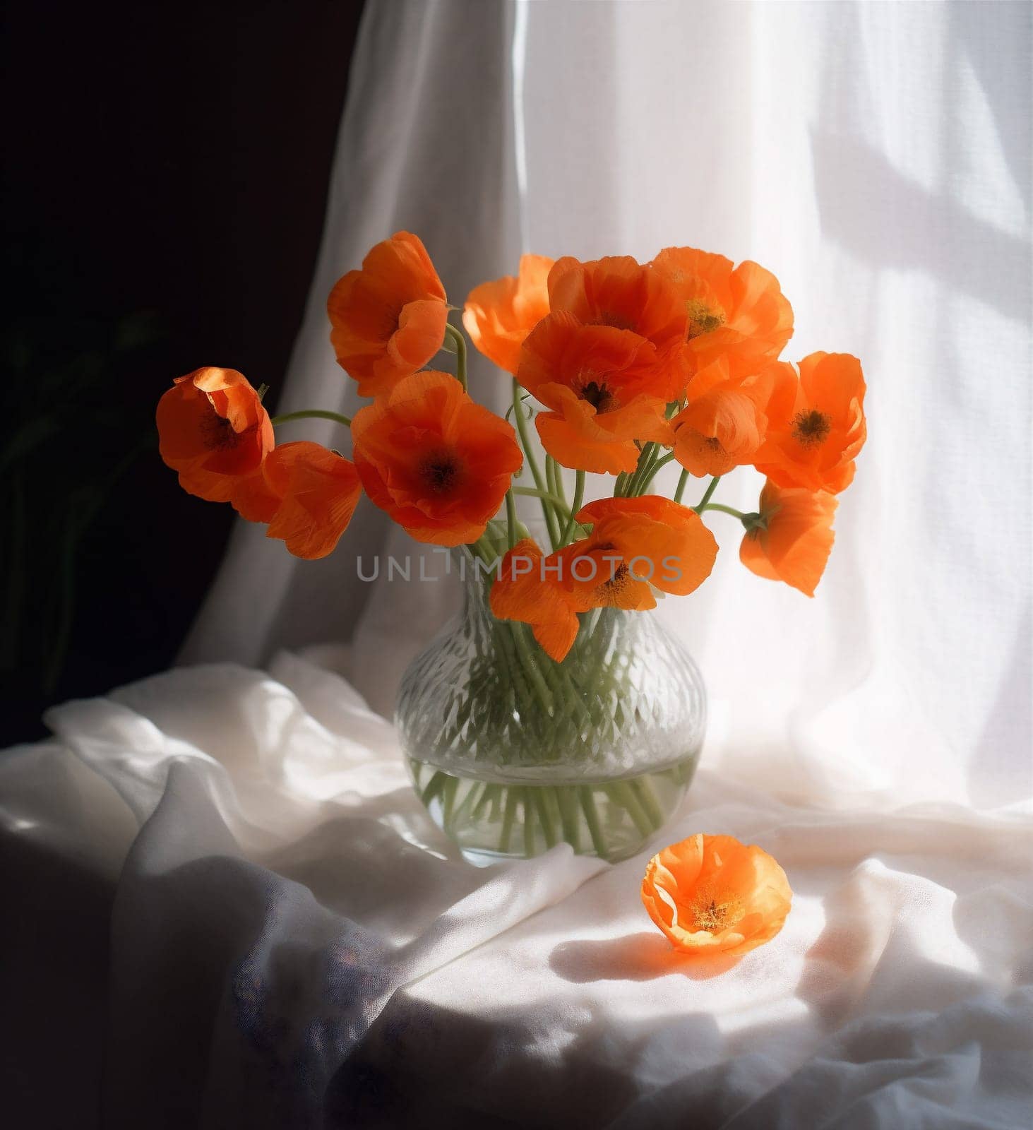 floral decoration background design vase red flower green blossom poppy bouquet house beautiful interior vintage bunch sunshine bloom fresh space natural. Generative AI.