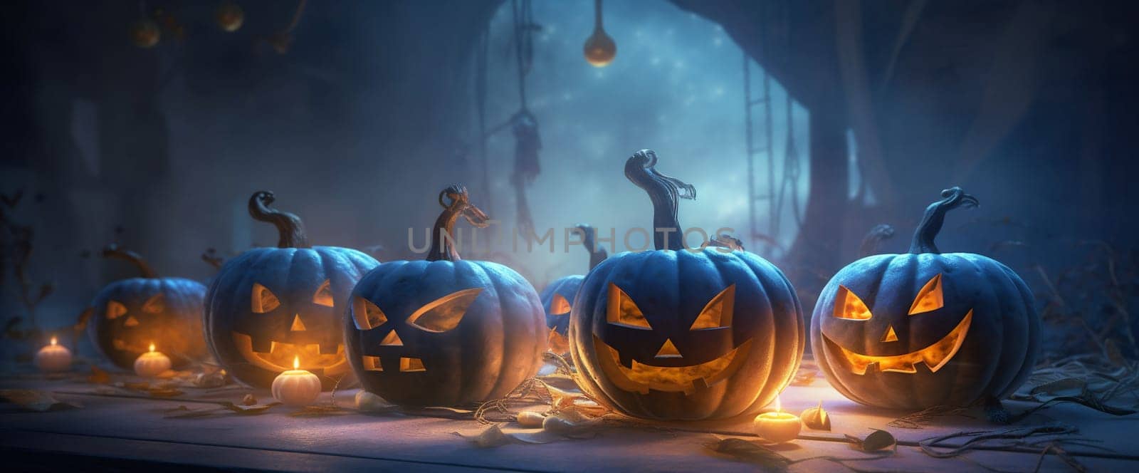 evil halloween mystery pumpkin horror blue night table fear moon background. Generative AI. by Vichizh