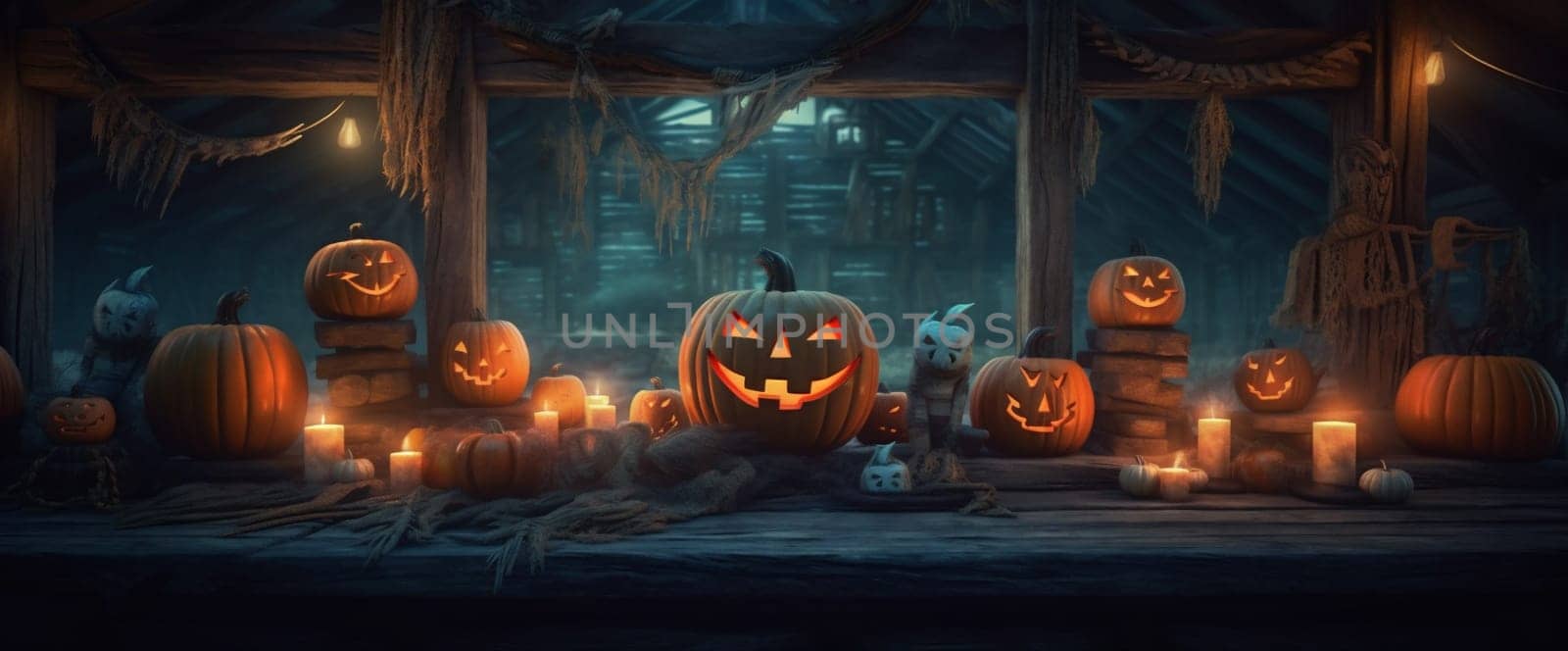 horror background fear blue night halloween evil fall mystery pumpkin table. Generative AI. by Vichizh