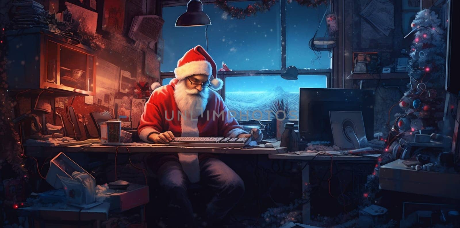 home christmas happy family santa communication house character holiday laptop. Generative AI. by Vichizh