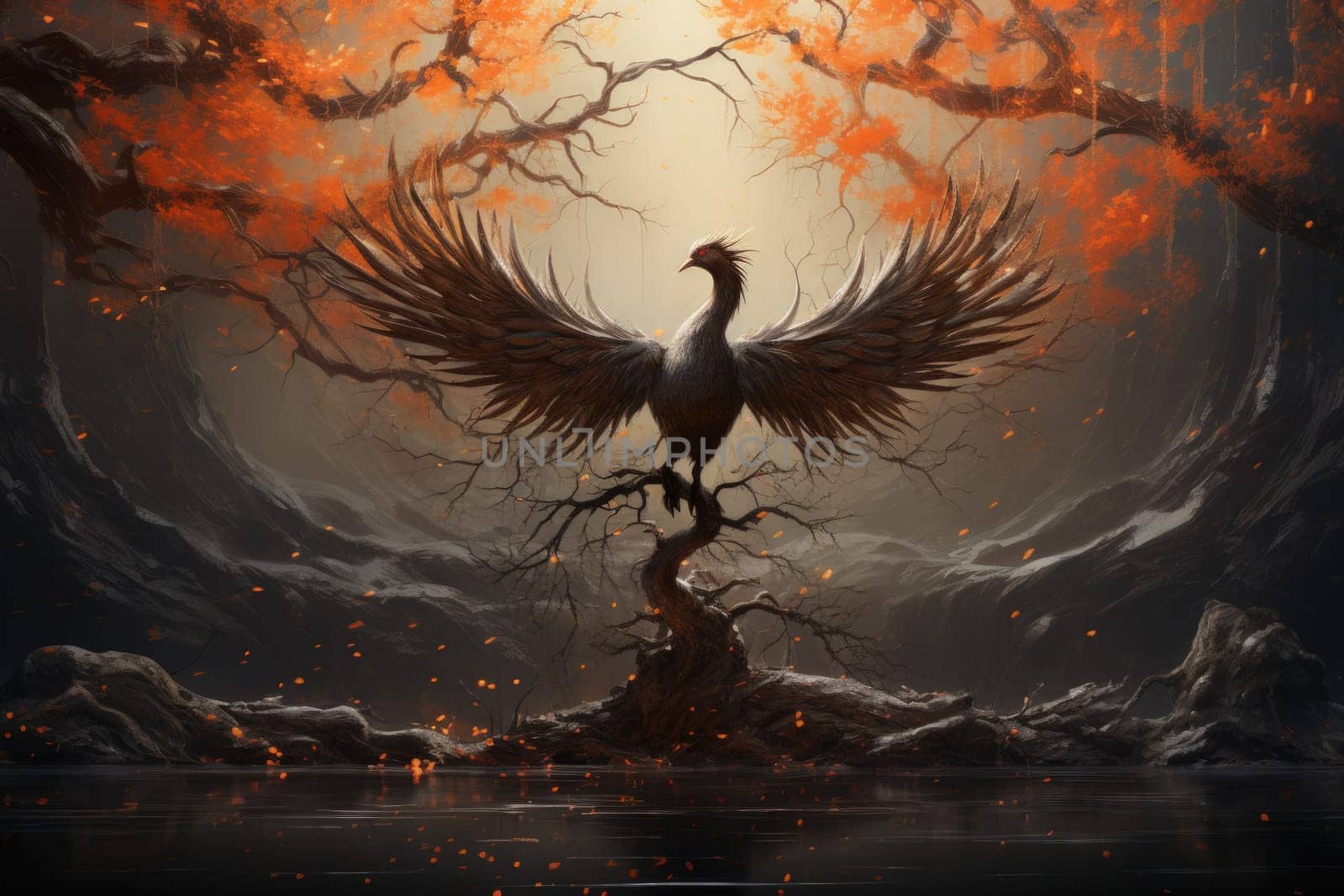 Embark on a mythical journey where ancient phoenixes, with their fiery plumage, rise triumphantly from ashes, embodying the cycle of rebirth and renewal.