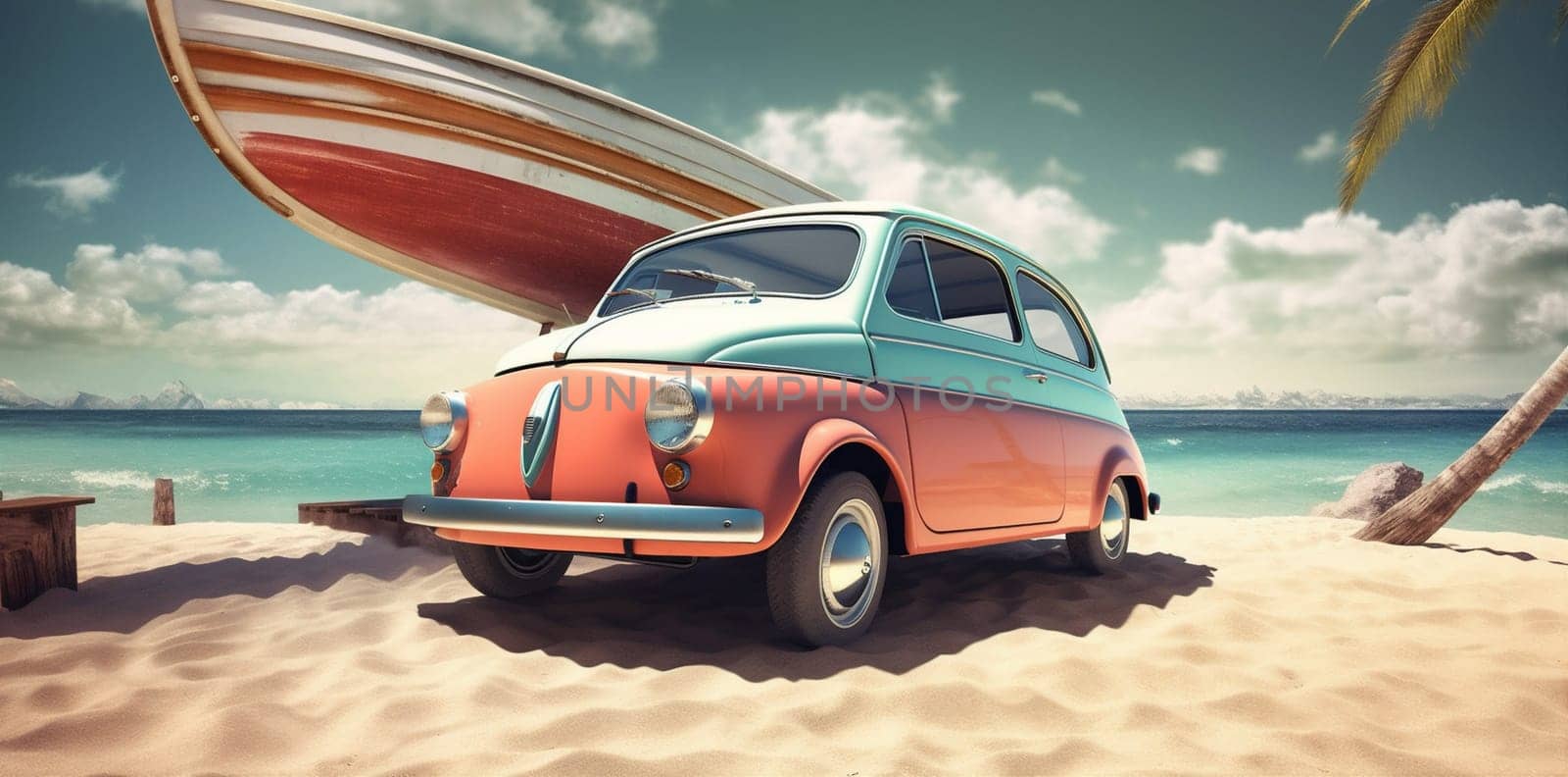vacation tropical summer retro trip road vintage car travel beach. Generative AI. by Vichizh