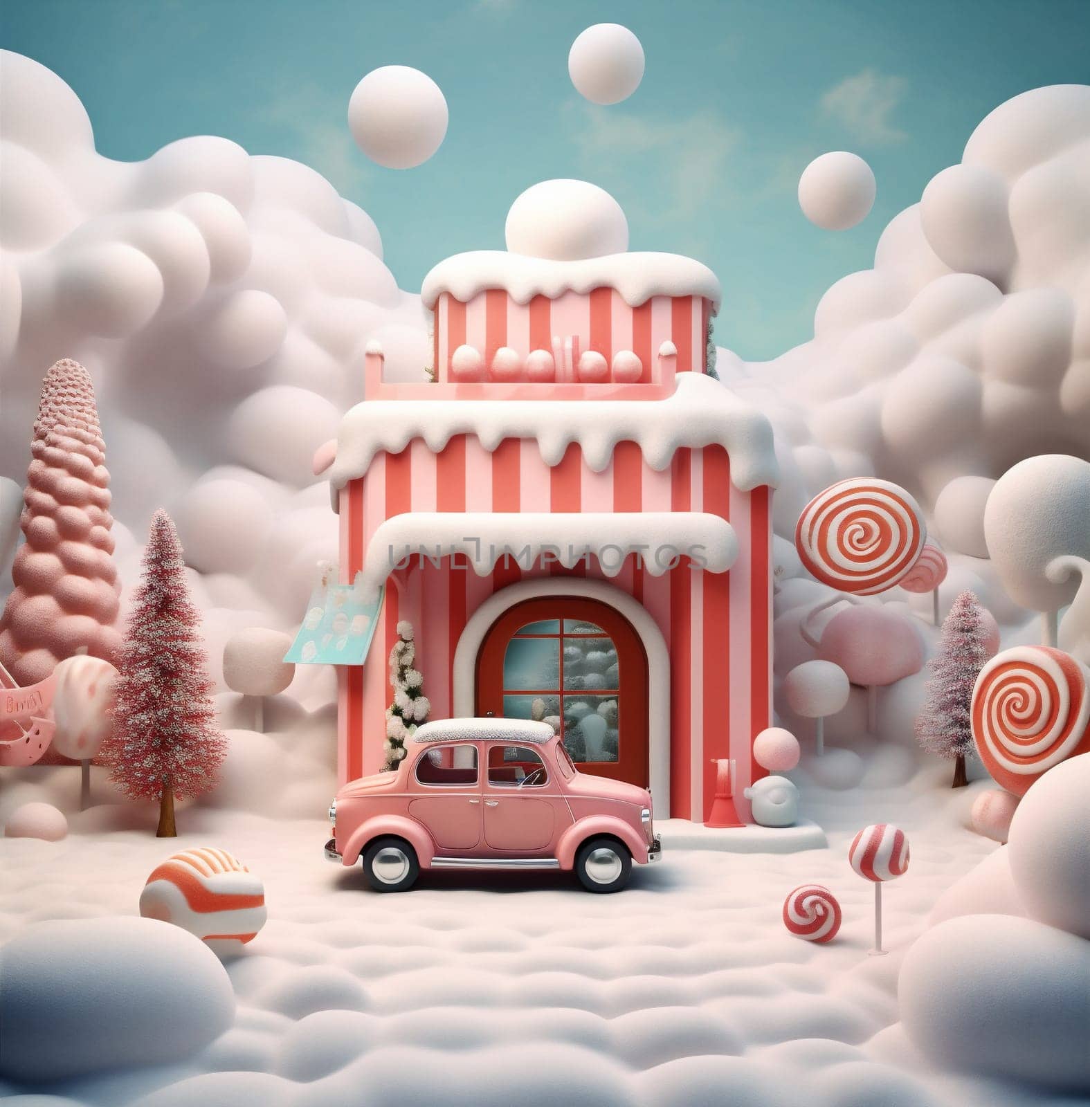 sugar new lollipop snow christmas gingerbread retro house background winter holiday gift cane red decoration year merry xmas festive car candy white. Generative AI.