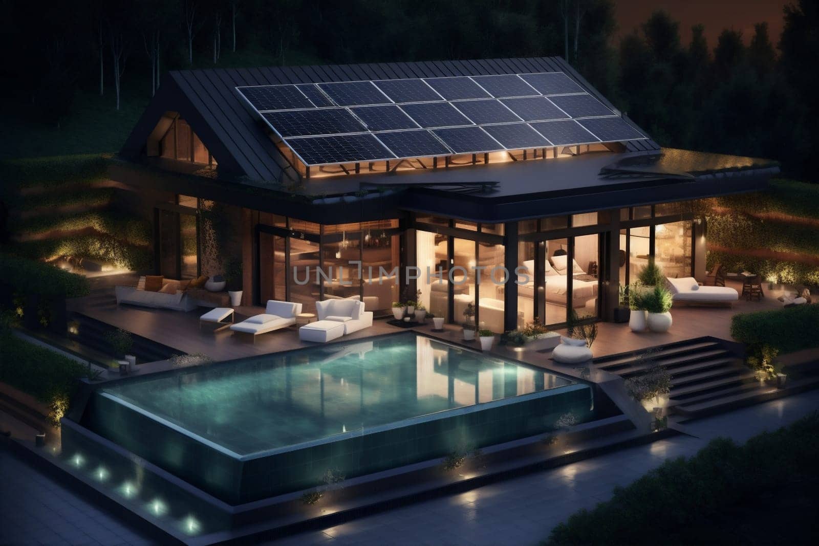 house power eco panel home pool design photovoltaic grass architecture villa environment sun solar energy ecological modern green nature renewable. Generative AI.