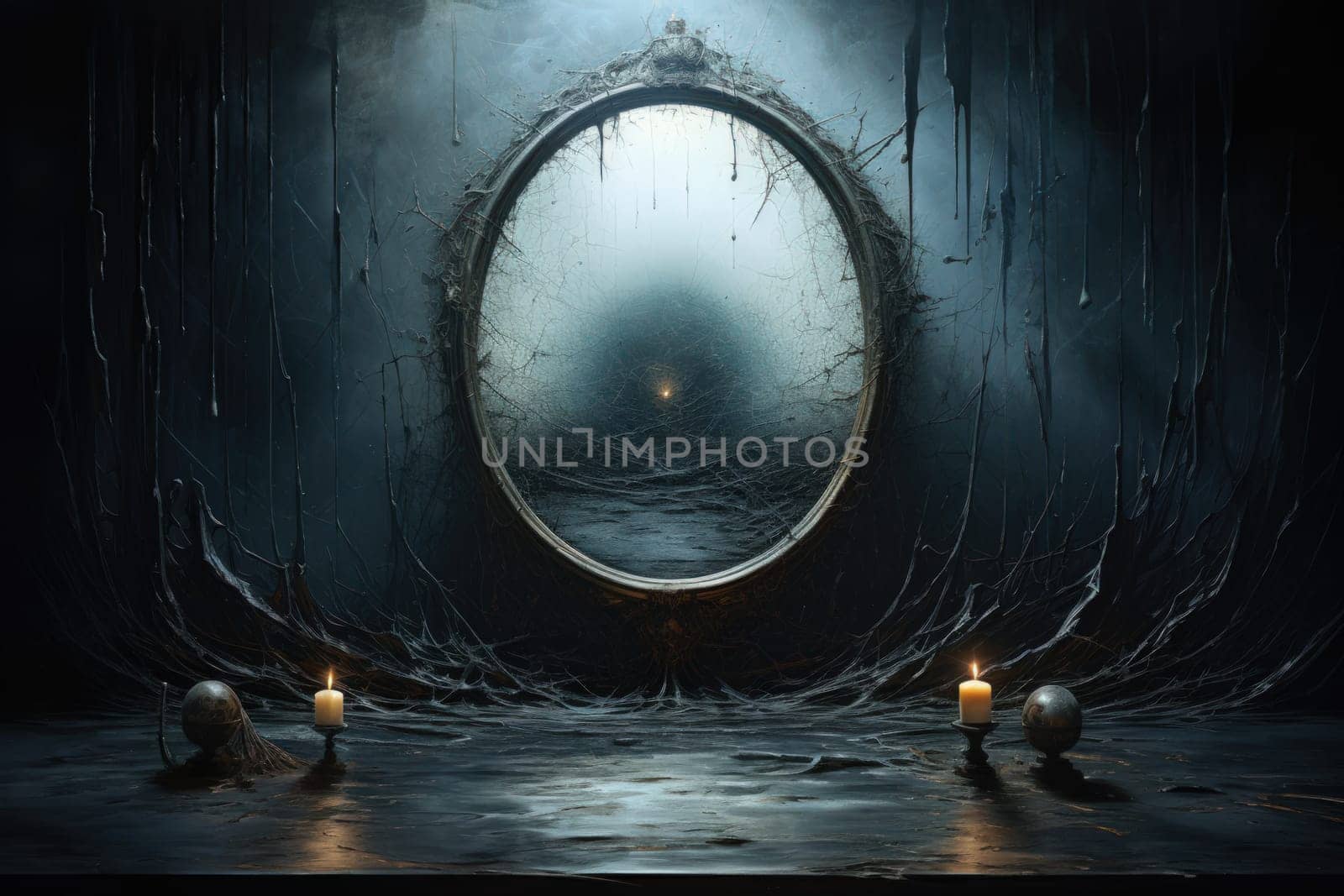 In the realm of fantasy, cursed mirror spirits are bound, their ethereal existence trapped within reflective surfaces.