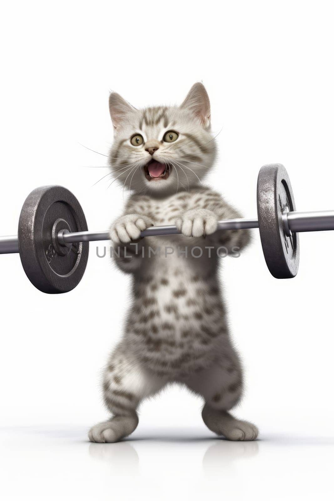 Funny gray kitten lifts a barbell standing on a white background.
