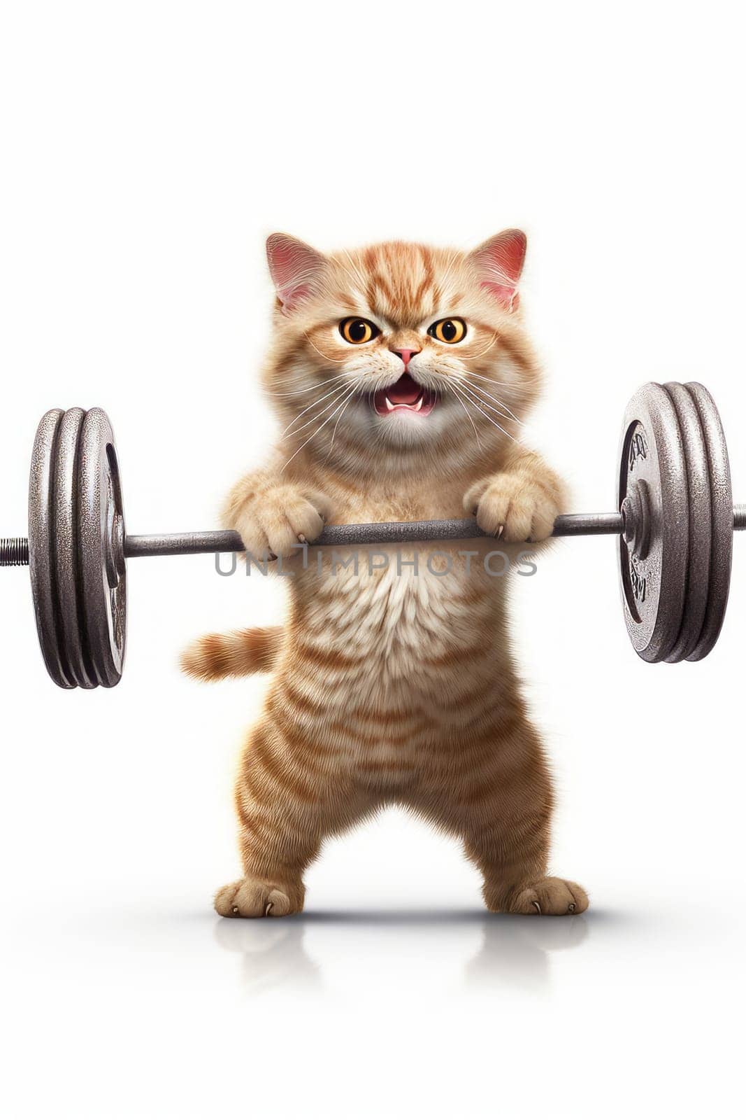 A red-haired kitten lifts a barbell standing on a white background by Zakharova