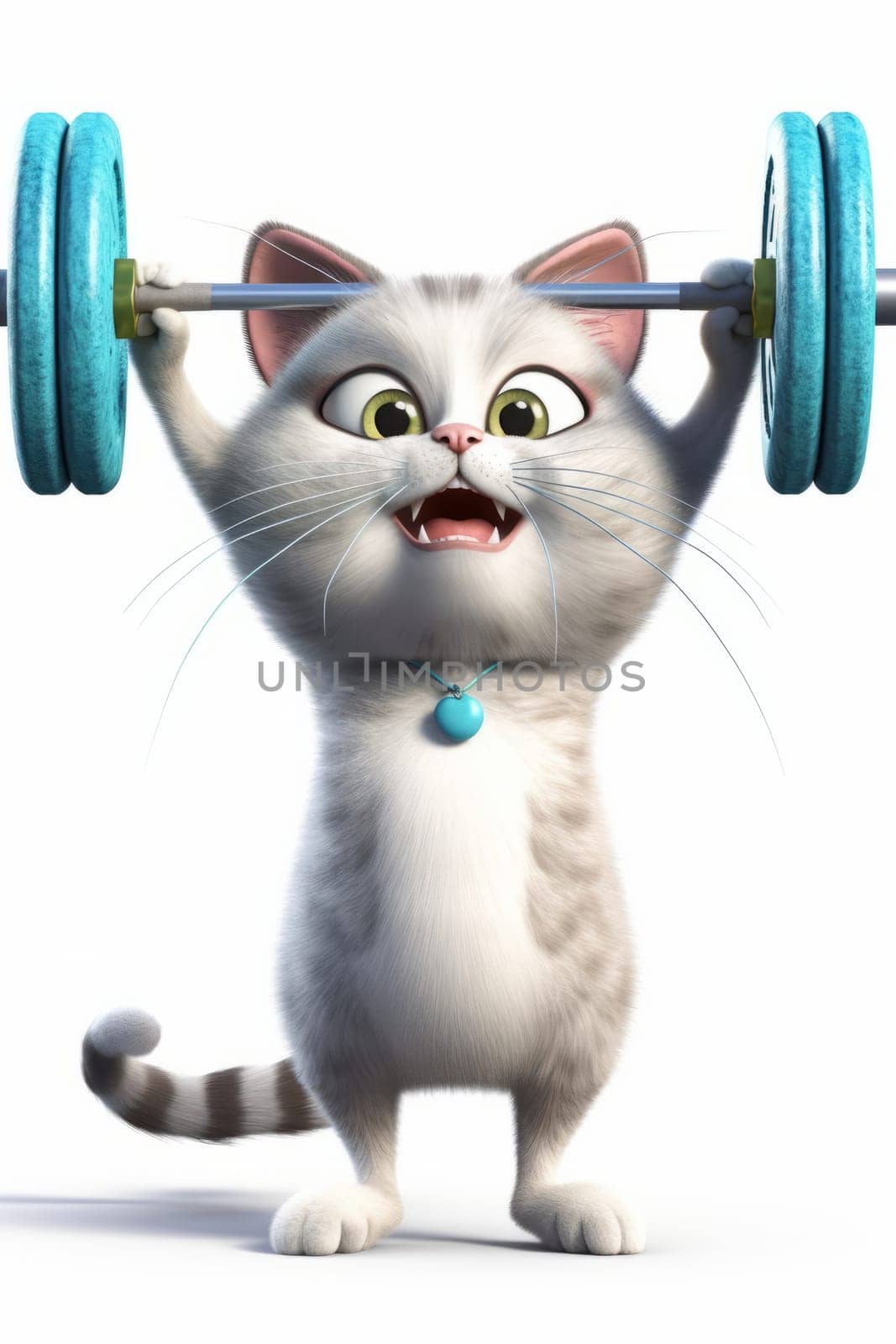 Funny cartoon kitten lifts a blue barbell standing on a white background.