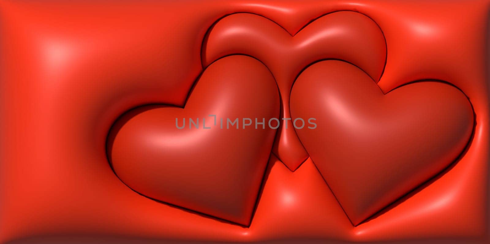 Three red inflated hearts on a red background, 3D rendering illustration	