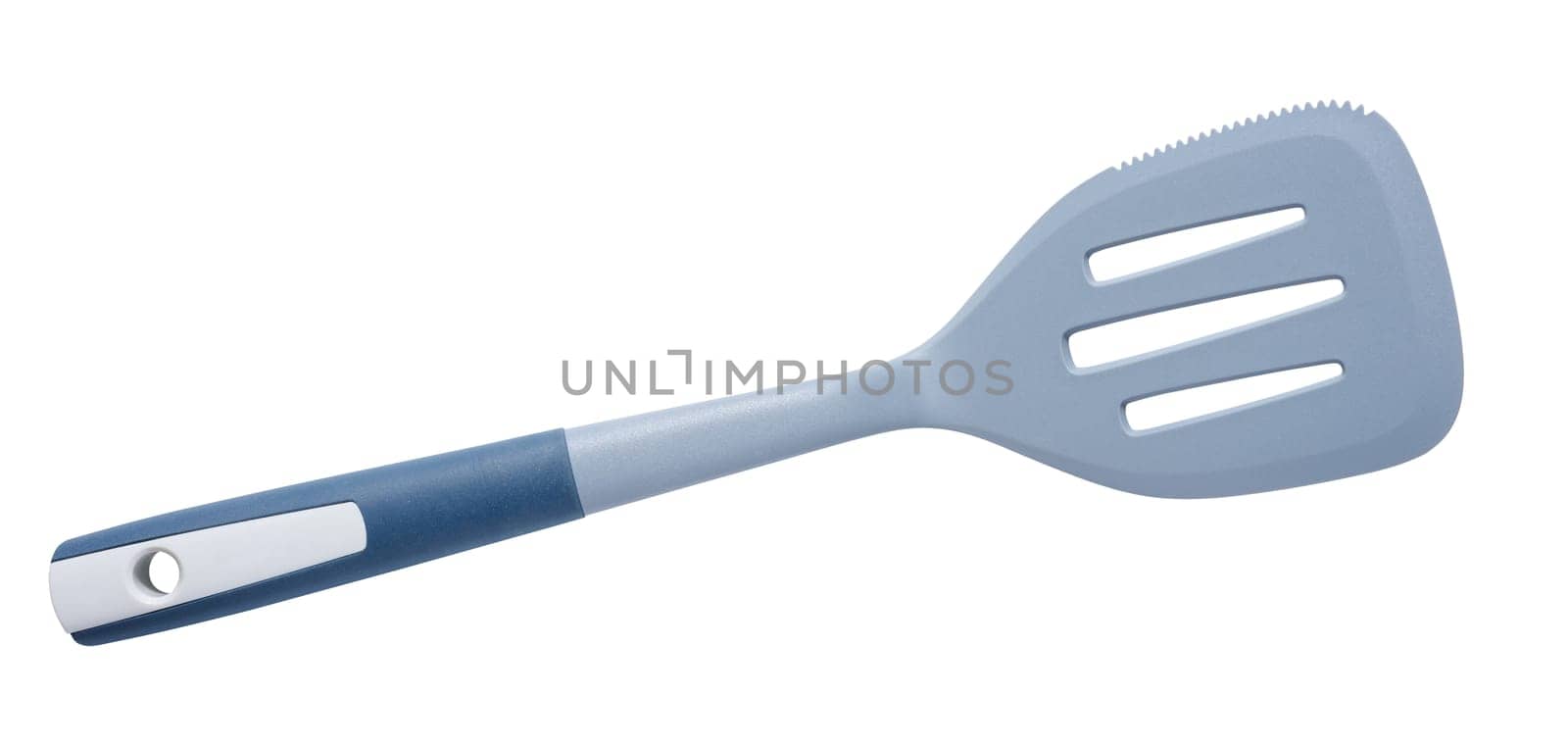 Plastic gray spatula for cooking on a white isolated background, by ndanko