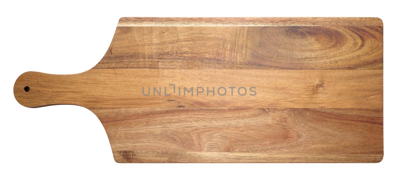 Empty rectangular wooden kitchen cutting board with handle on white isolated background