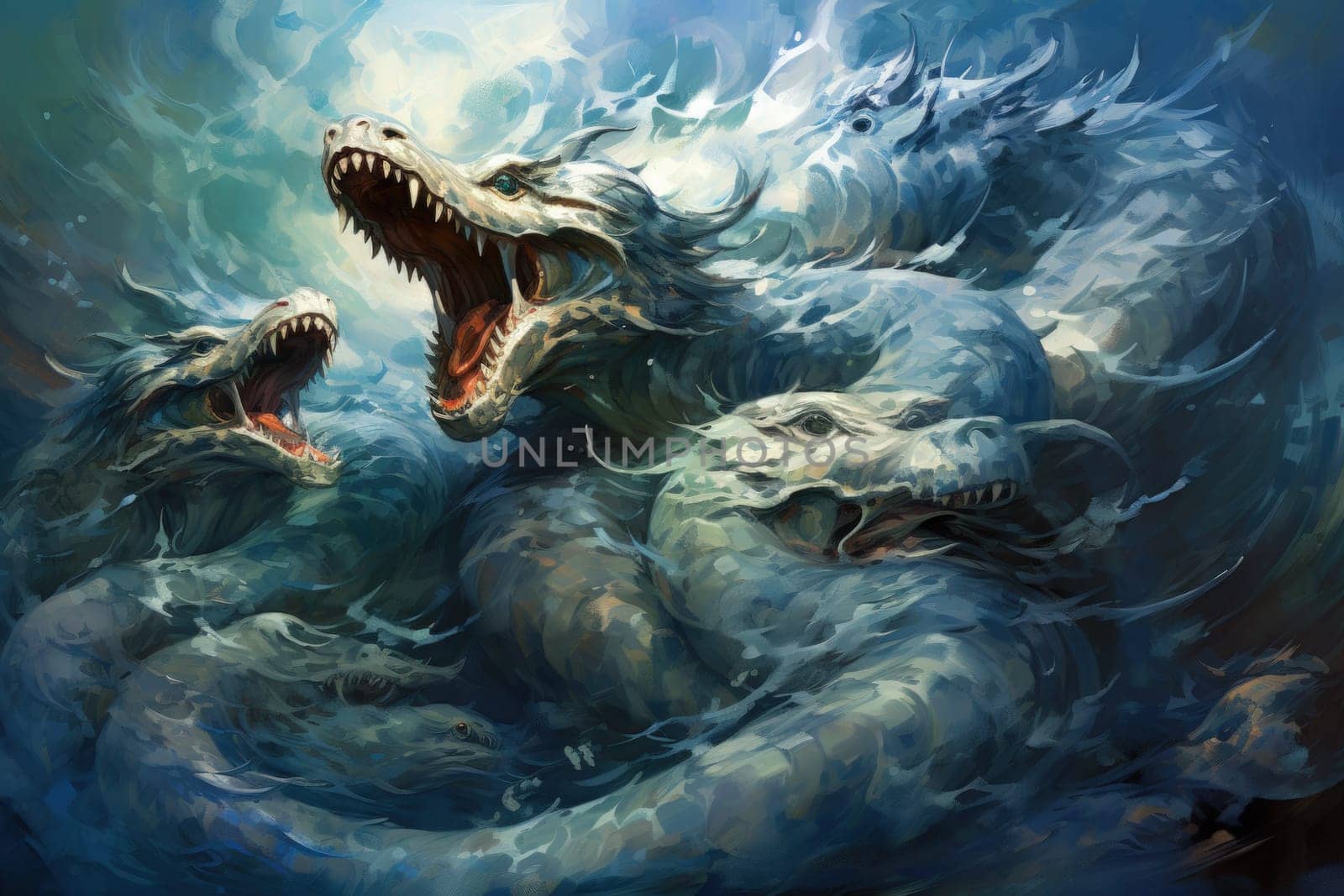 Dive into a fantastical realm where gigantic sea serpents, with their immense coils, slither through treacherous waters.