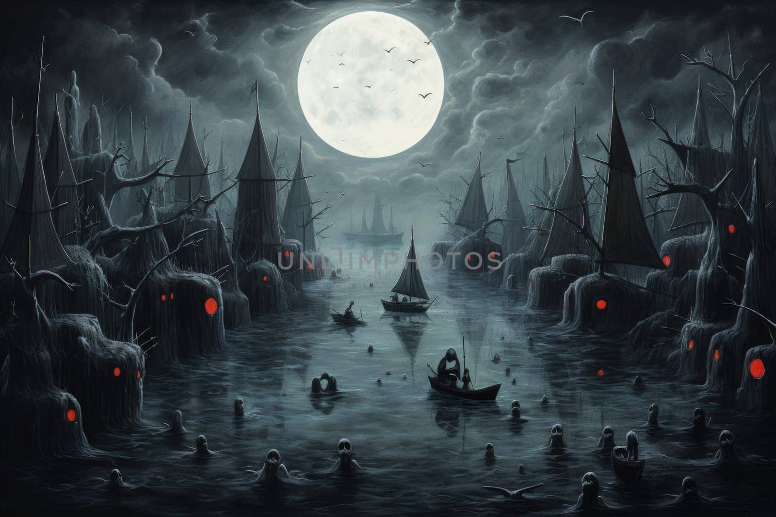 Embark on a haunting journey across the treacherous waters with this captivating illustration by a professional visual artist.