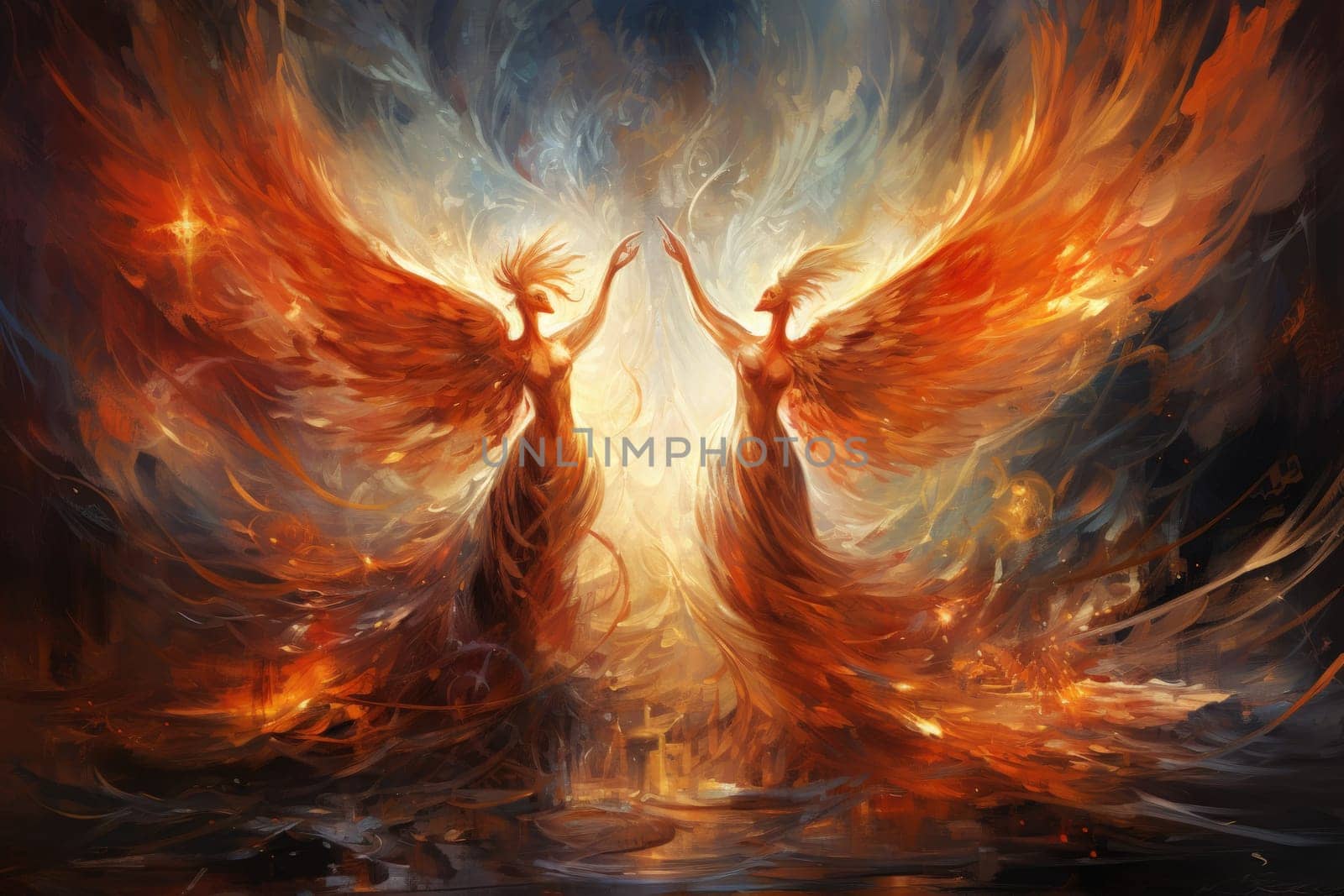 Within the realm of fantasy, elegant phoenix dancers grace the stage, their mesmerizing performances engulfed in flames.
