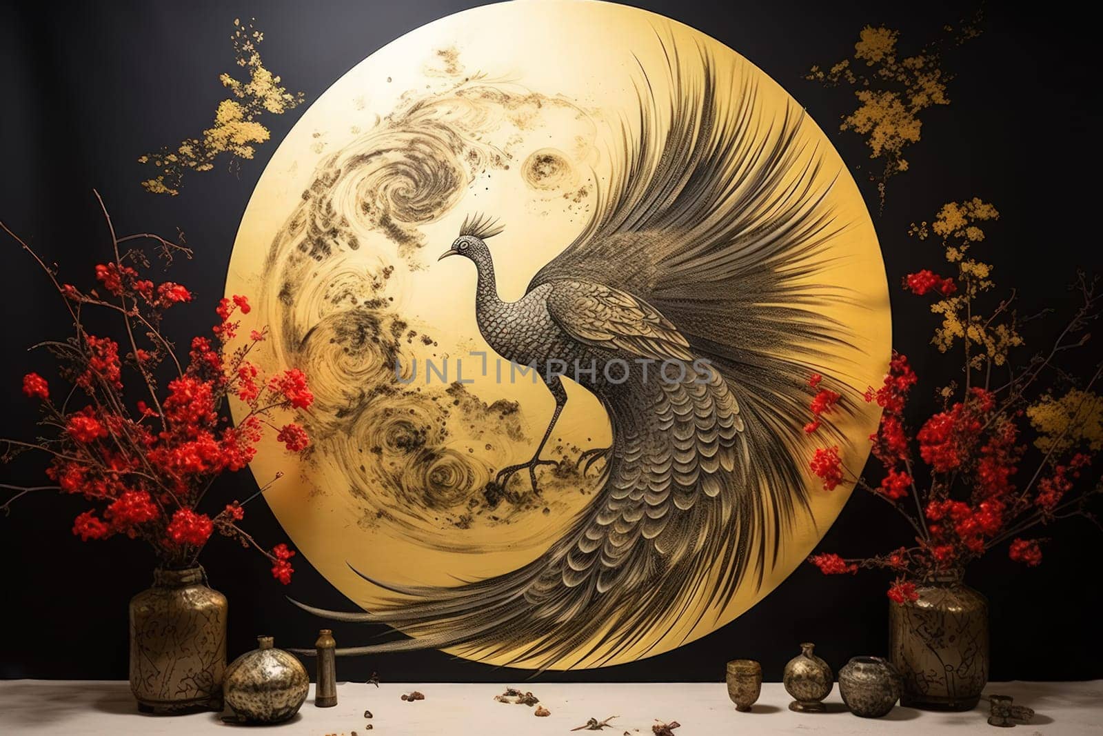 Behold the magnificent gilded phoenixes, radiant beings of myth and legend. With their resplendent feathers of gold and fire, they embody the eternal cycle of rebirth and resurrection.