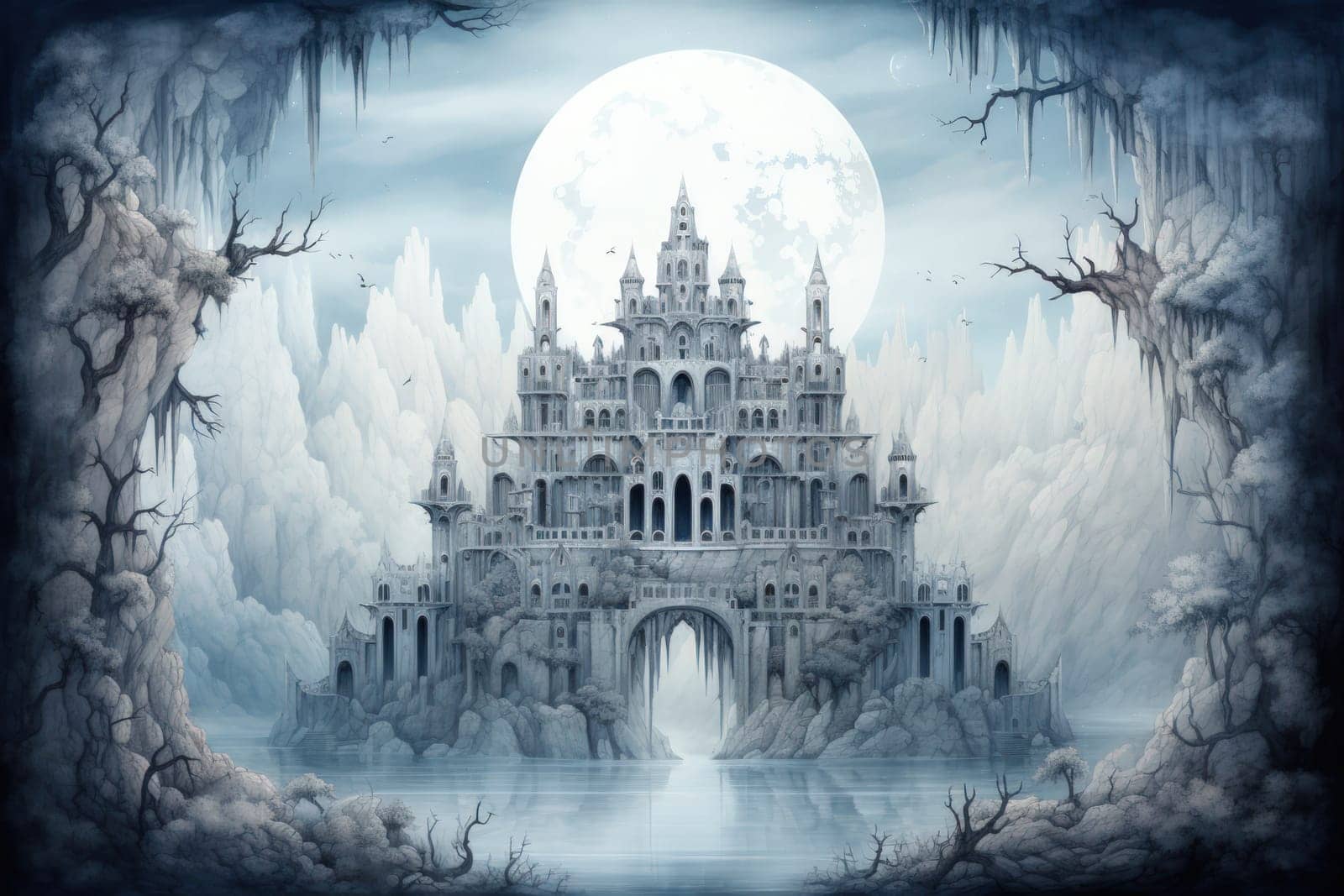 In the realm of fantasy, eerie and ethereal, ancient ruins and crumbling castles are shrouded in an unsettling atmosphere, haunted by ghostly apparitions.