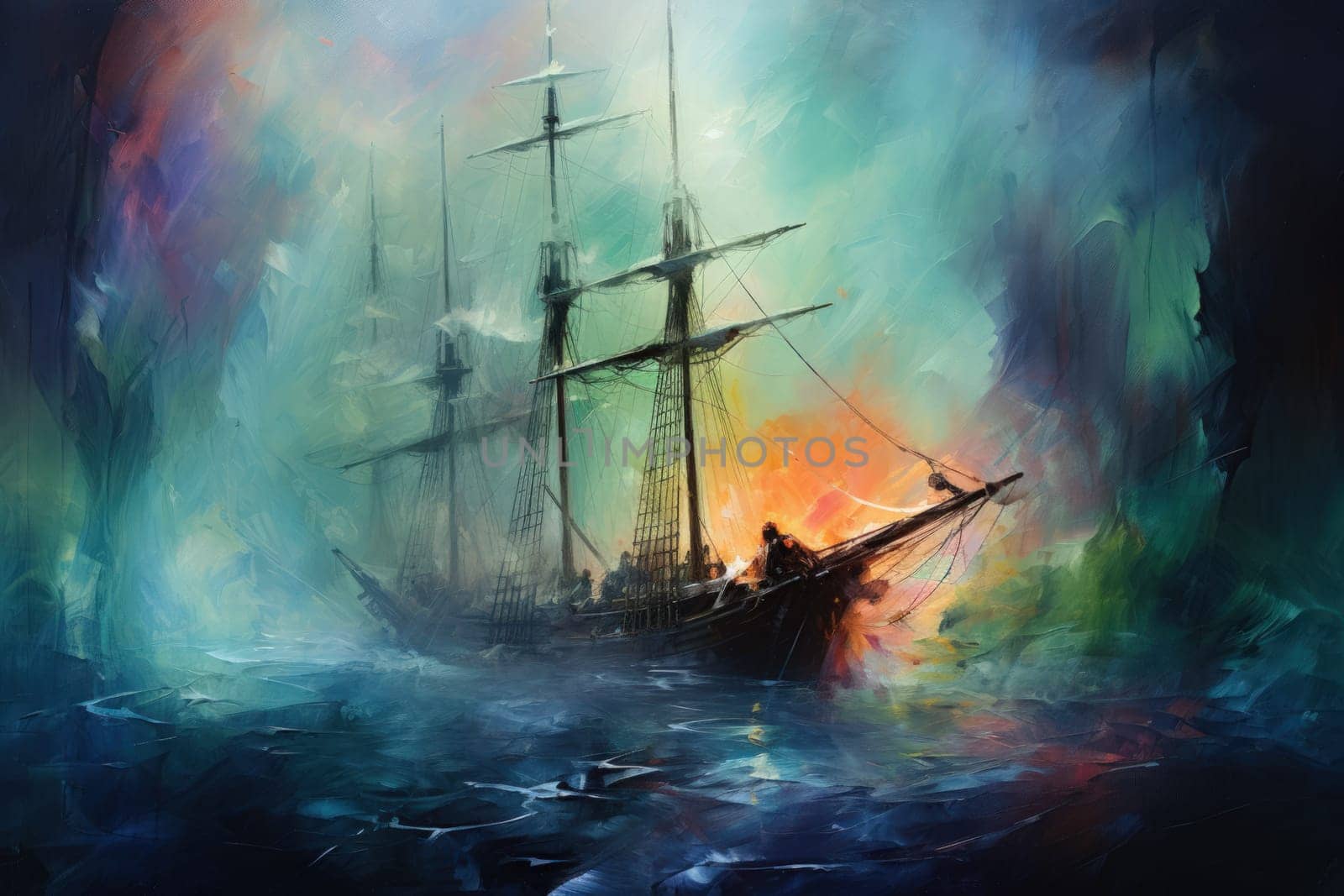 Embark on a haunting journey across the treacherous waters with this captivating illustration by a professional visual artist.