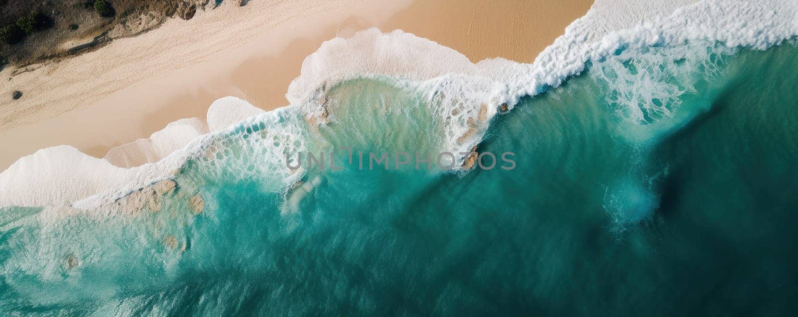 The natural beauty of a beach and ocean is captured from an aerial perspective, highlighting the turquoise waters and pristine coastline, ideal for a perfect tropical vacation. AI Generative.