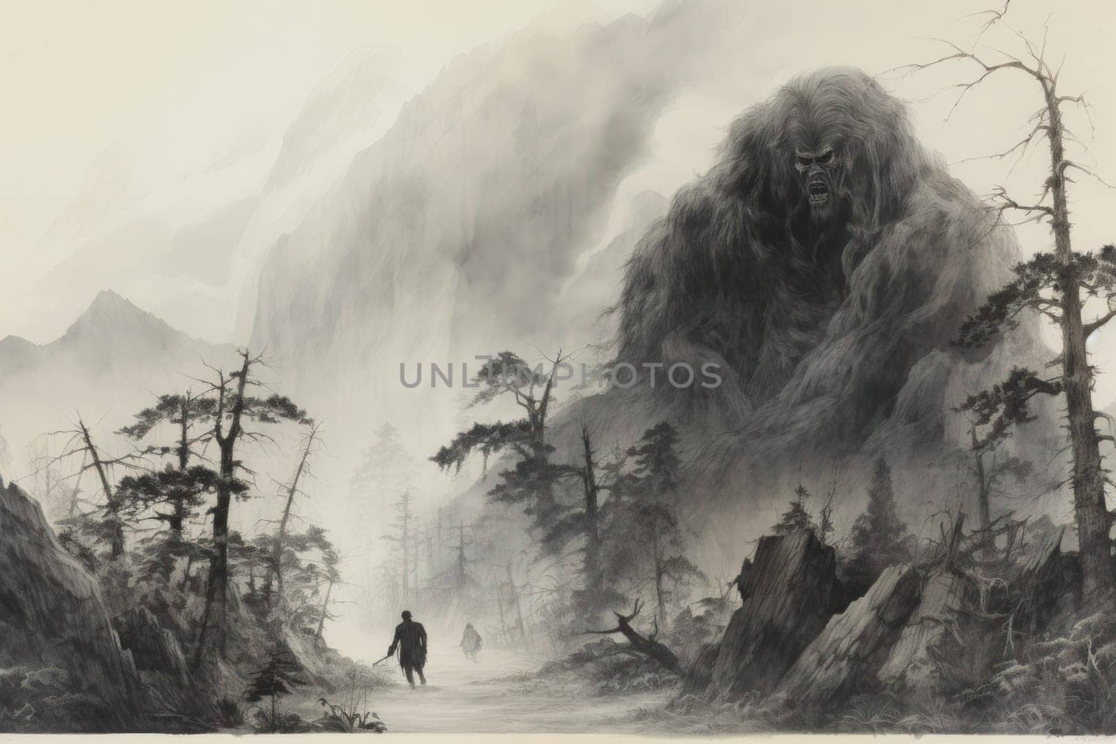 Embark on a fantastical journey where gargantuan giants, with their colossal stature, traverse the towering mountains with thunderous footsteps.