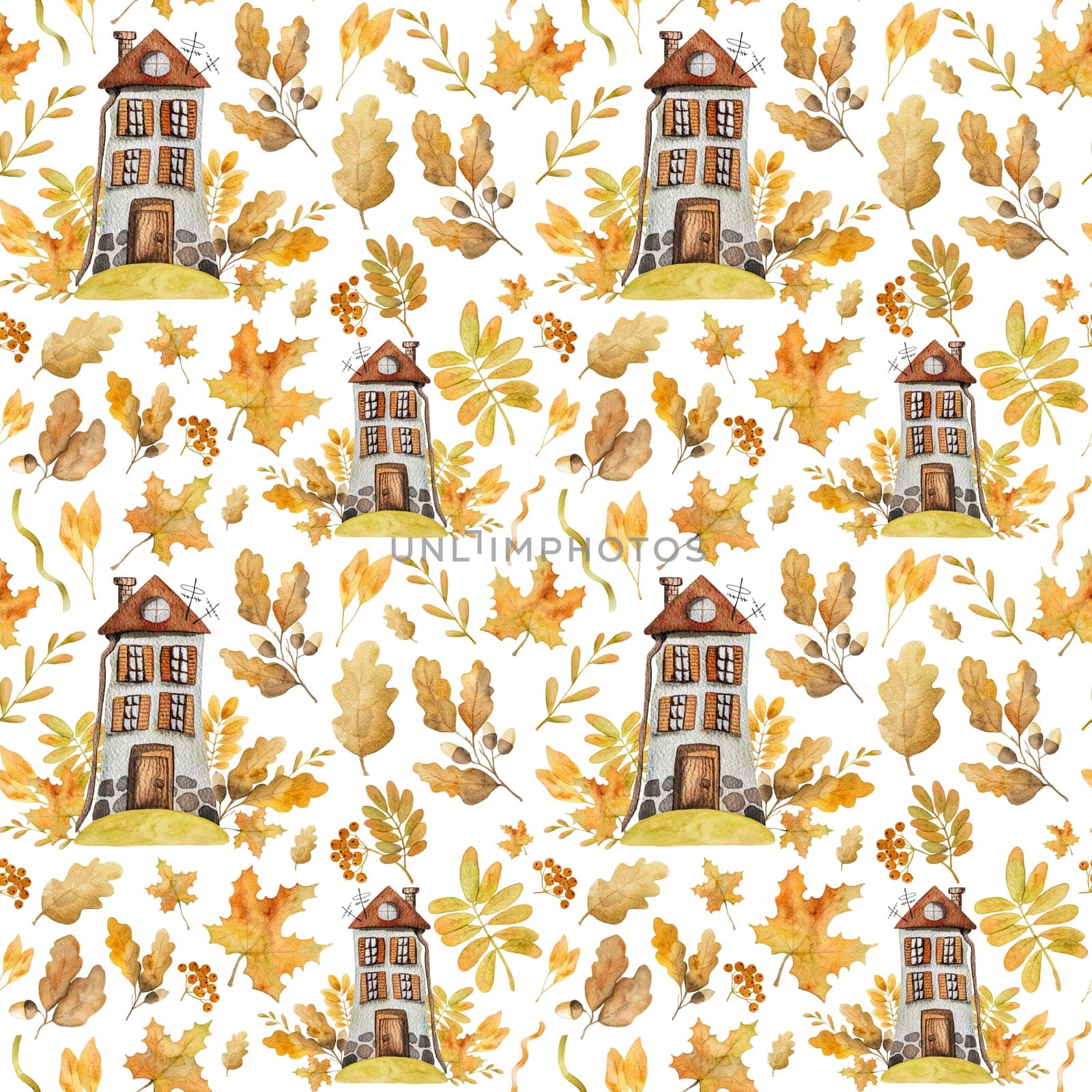Seamless patterns hand-painted in watercolor. Adorable autumn houses with leaves and pumpkins