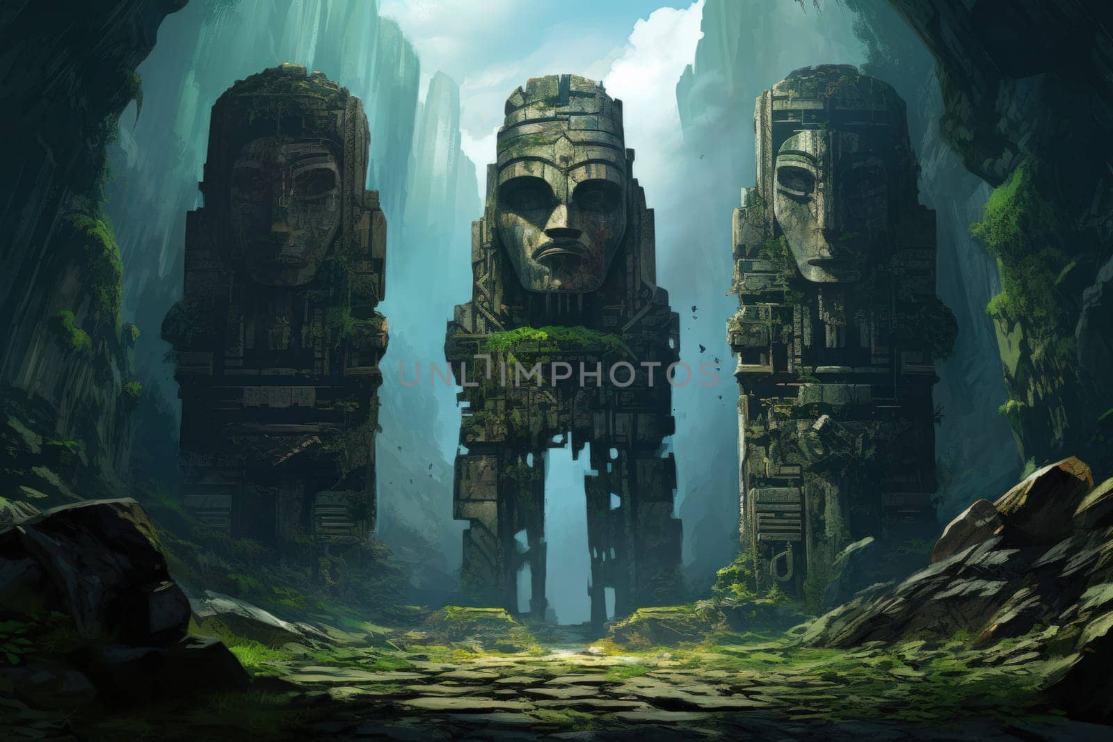 Behold the majestic marvels of the past - ancient stone colossi, towering giants hewn from the very bedrock itself.