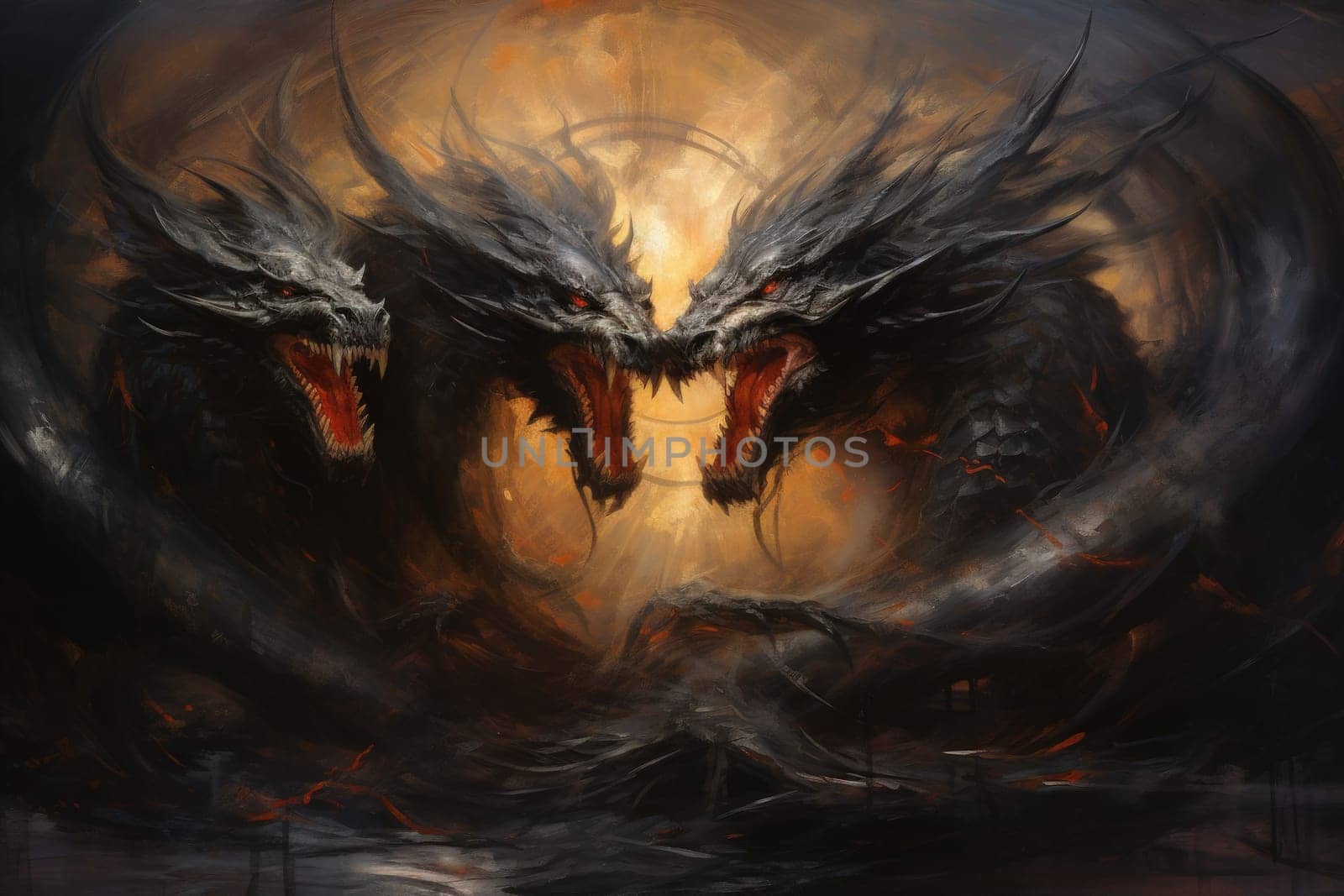 In the realm of fantasy, ferocious shadow dragons dominate the skies, their majestic forms wreathed in darkness.