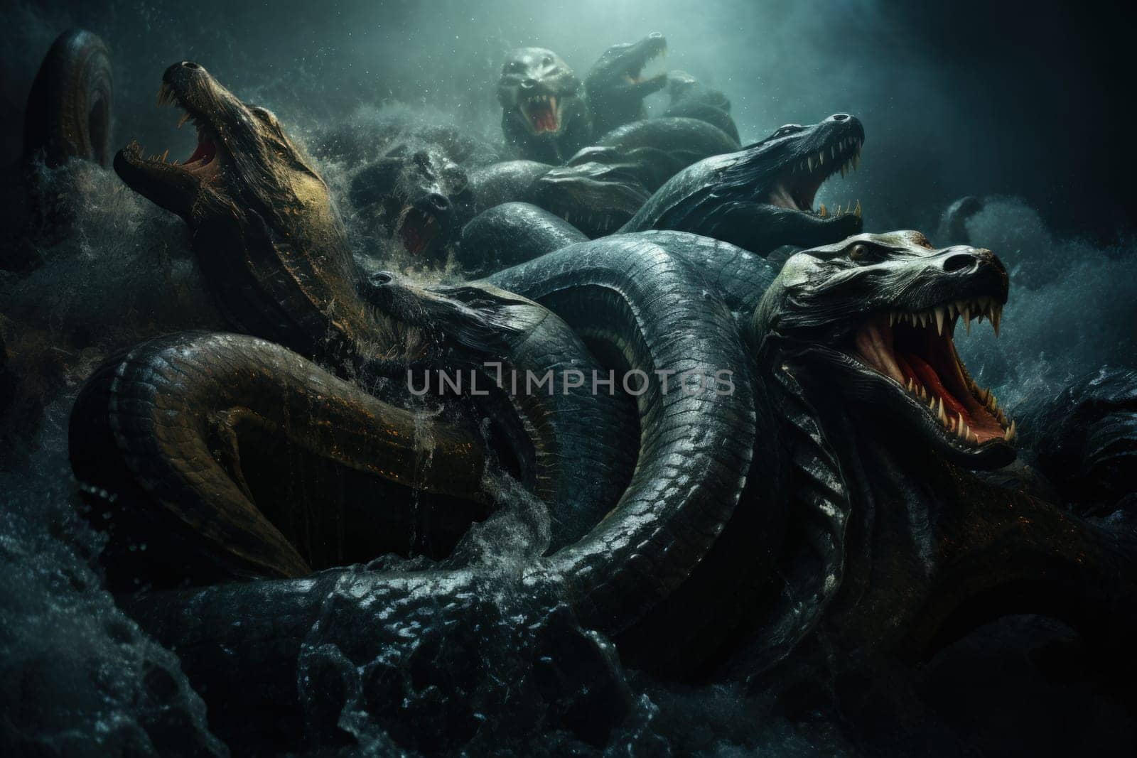 Dive into a fantastical realm where gigantic sea serpents, with their immense coils, slither through treacherous waters.