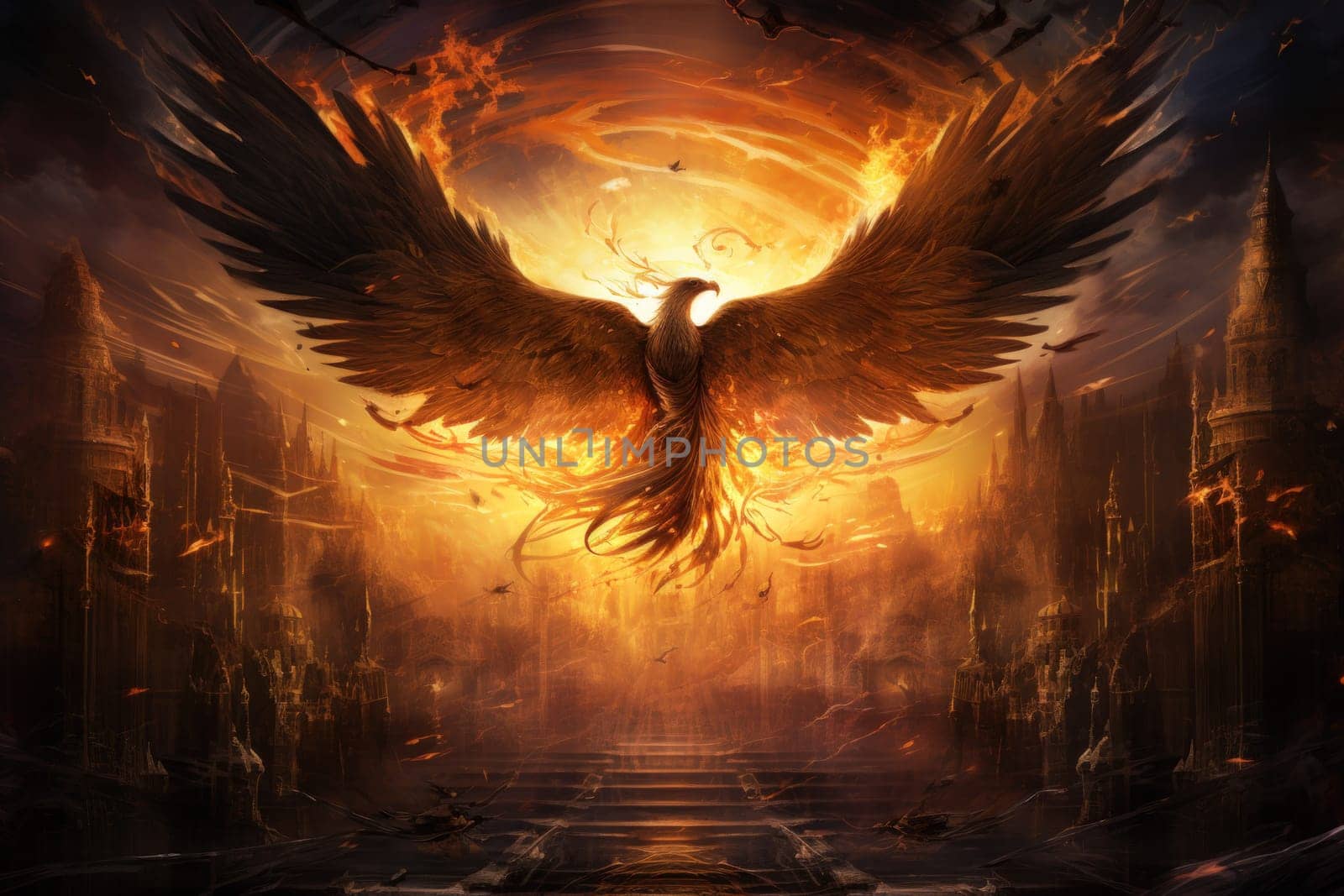 Embark on a mythical journey where ancient phoenixes, with their fiery plumage, rise triumphantly from ashes, embodying the cycle of rebirth and renewal.
