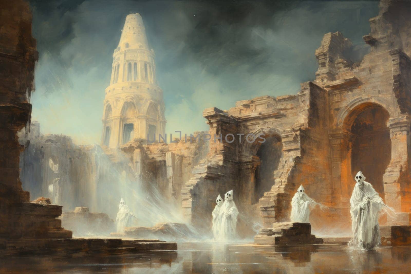 In the realm of fantasy, eerie and ethereal, ancient ruins and crumbling castles are shrouded in an unsettling atmosphere, haunted by ghostly apparitions.