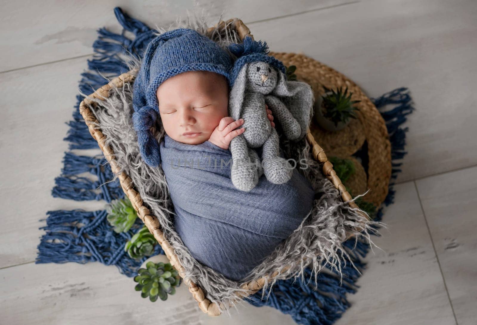 Adorable newborn baby boy swaddled in blanket holding knitted bunny toy and sleeping in basket studio portrait. Cute infant child kid napping