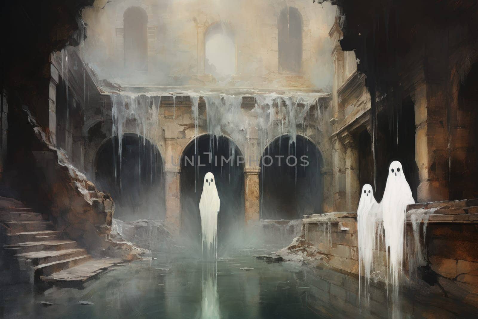 In the realm of fantasy, eerie and ethereal, ancient ruins and crumbling castles are shrouded in an unsettling atmosphere, haunted by ghostly apparitions.