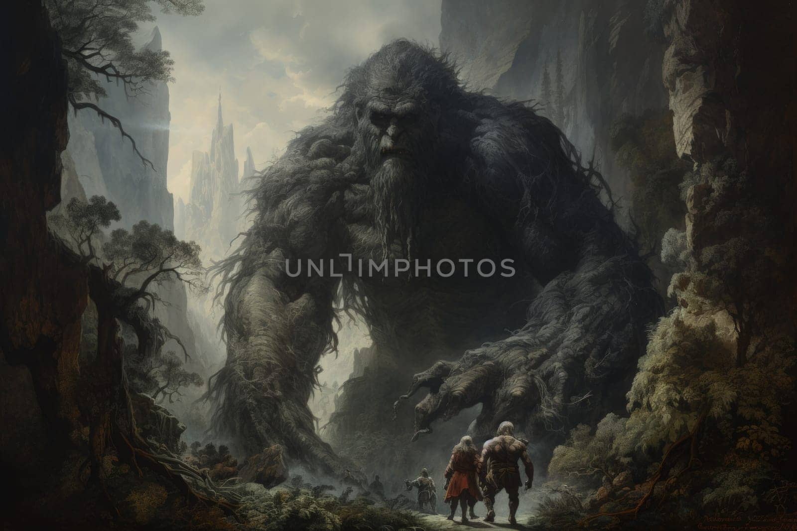 Embark on a fantastical journey where gargantuan giants, with their colossal stature, traverse the towering mountains with thunderous footsteps.