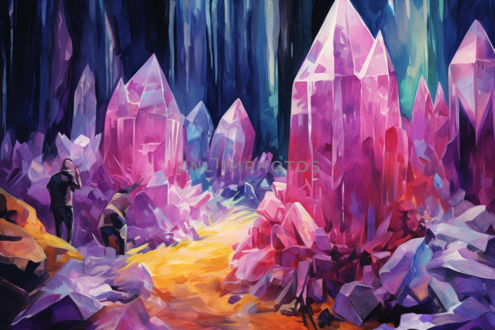 Deep within the realms of fantasy, mysterious icy caves hold untold treasures, guarded by glistening crystal golems.