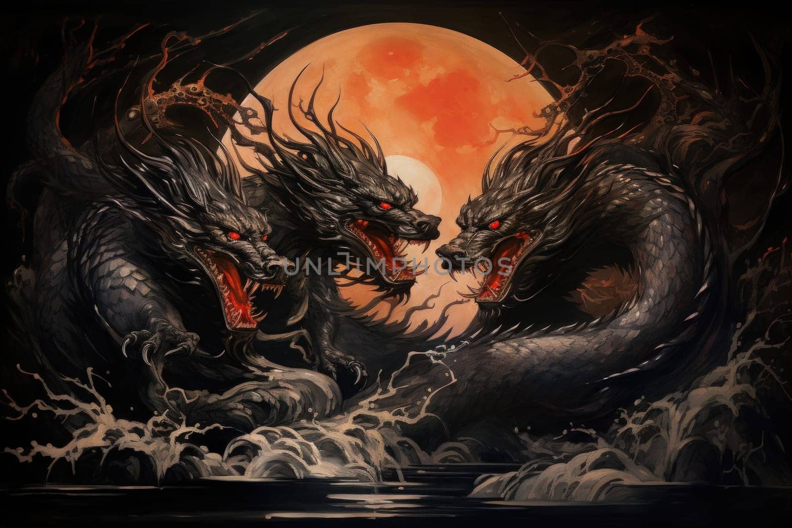 In the realm of fantasy, ferocious shadow dragons dominate the skies, their majestic forms wreathed in darkness.