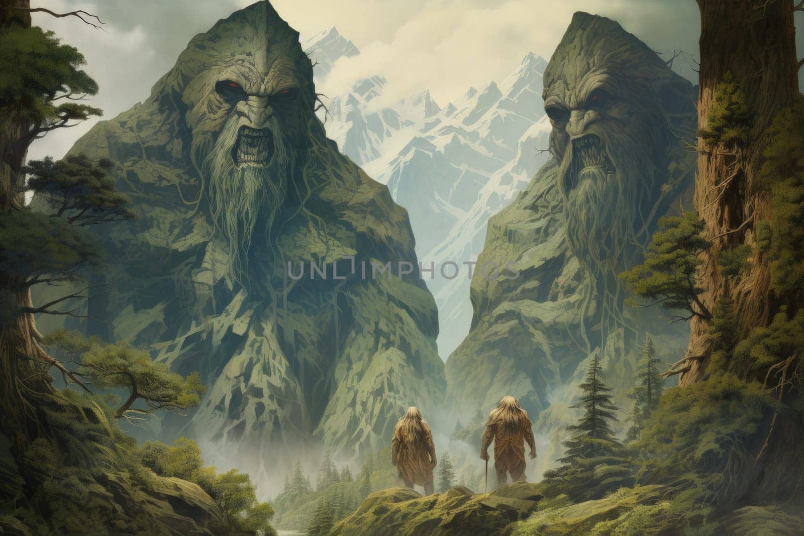 Embark on a fantastical journey where gargantuan giants, with their colossal stature, traverse the towering mountains with thunderous footsteps.