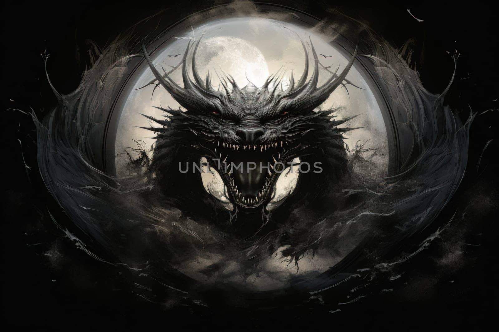 In the realm of fantasy, ferocious shadow dragons dominate the skies, their majestic forms wreathed in darkness.