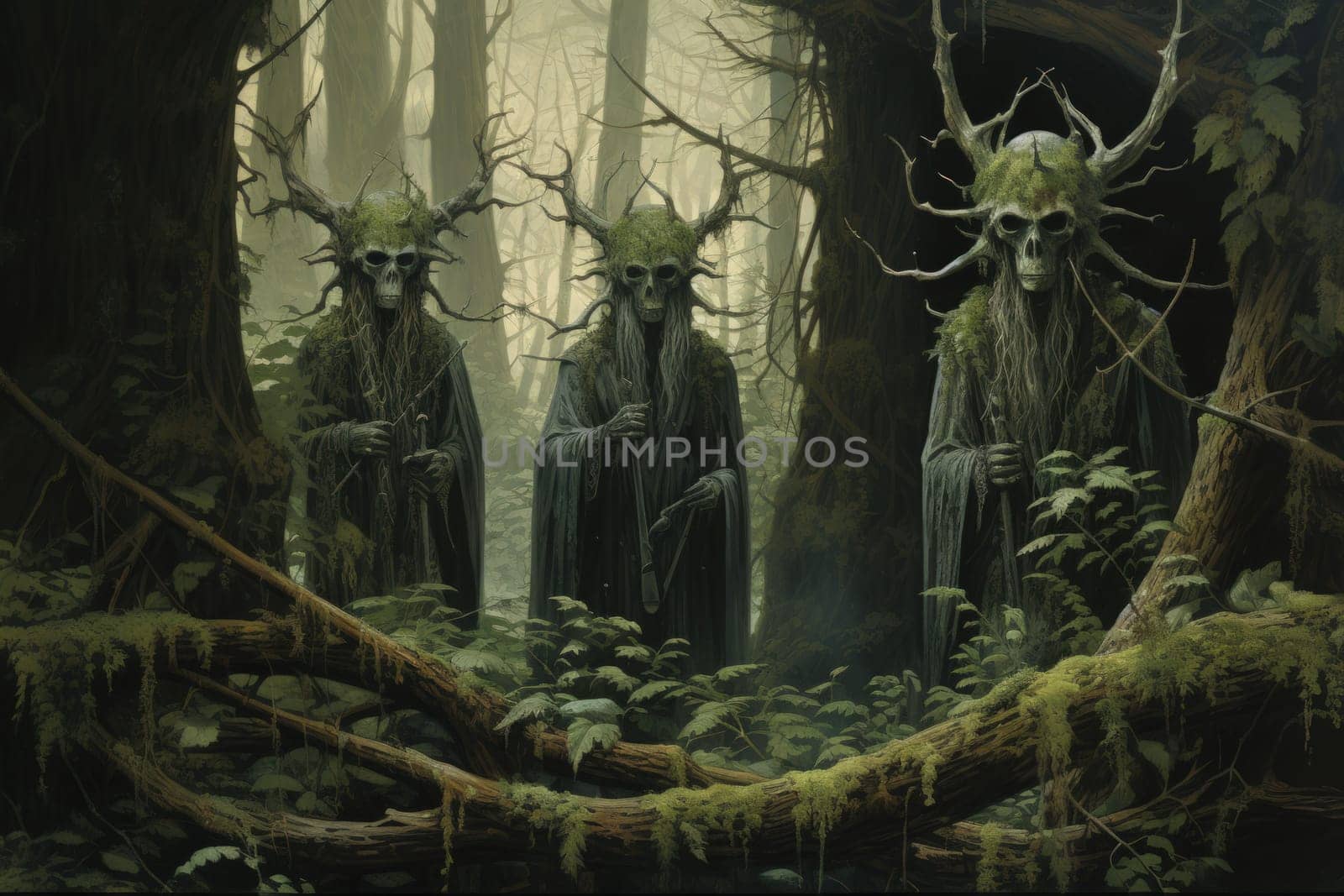 Deep within the mystical woodland realms of fantasy, ancient forest spirits stand as silent sentinels, their ethereal presence a testament to the wisdom and magic of the natural world.
