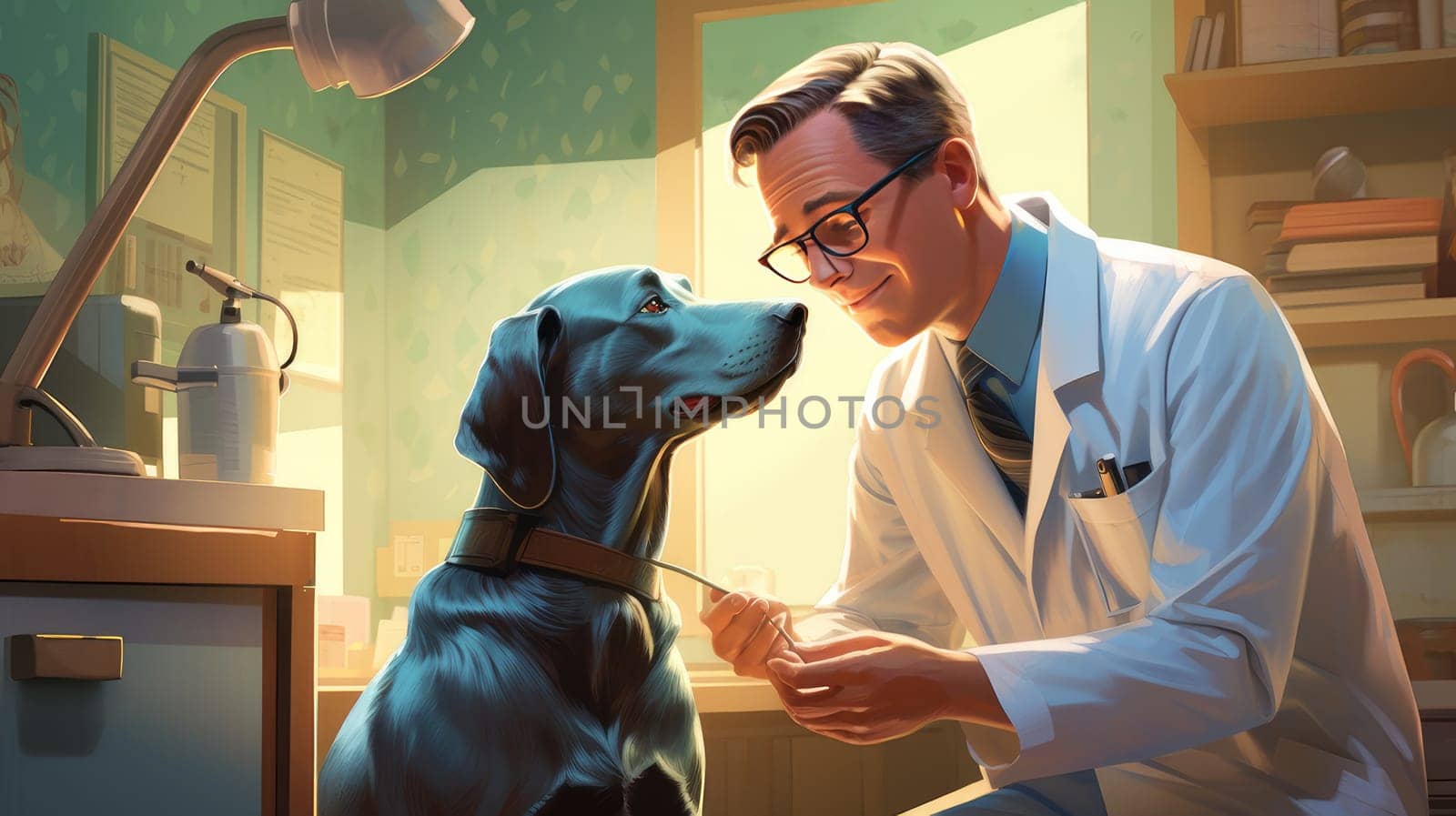 Cute veterinarian examining a dog in the clinic for diseases. Pet care and grooming concept.