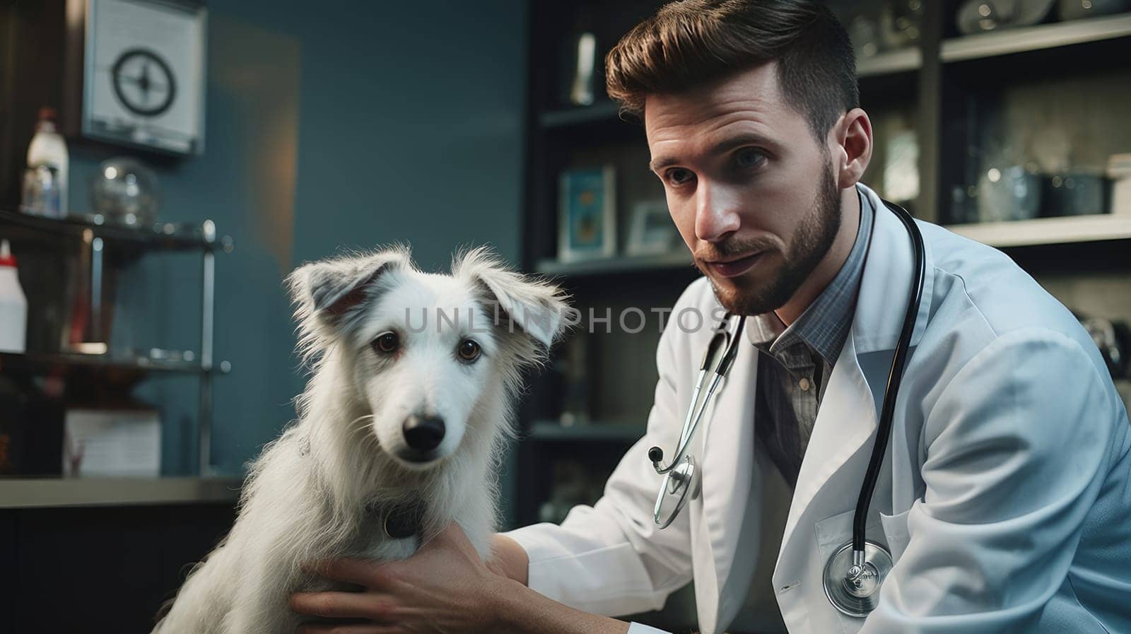 Cute veterinarian examining a dog in the clinic for diseases. Pet care and grooming concept.