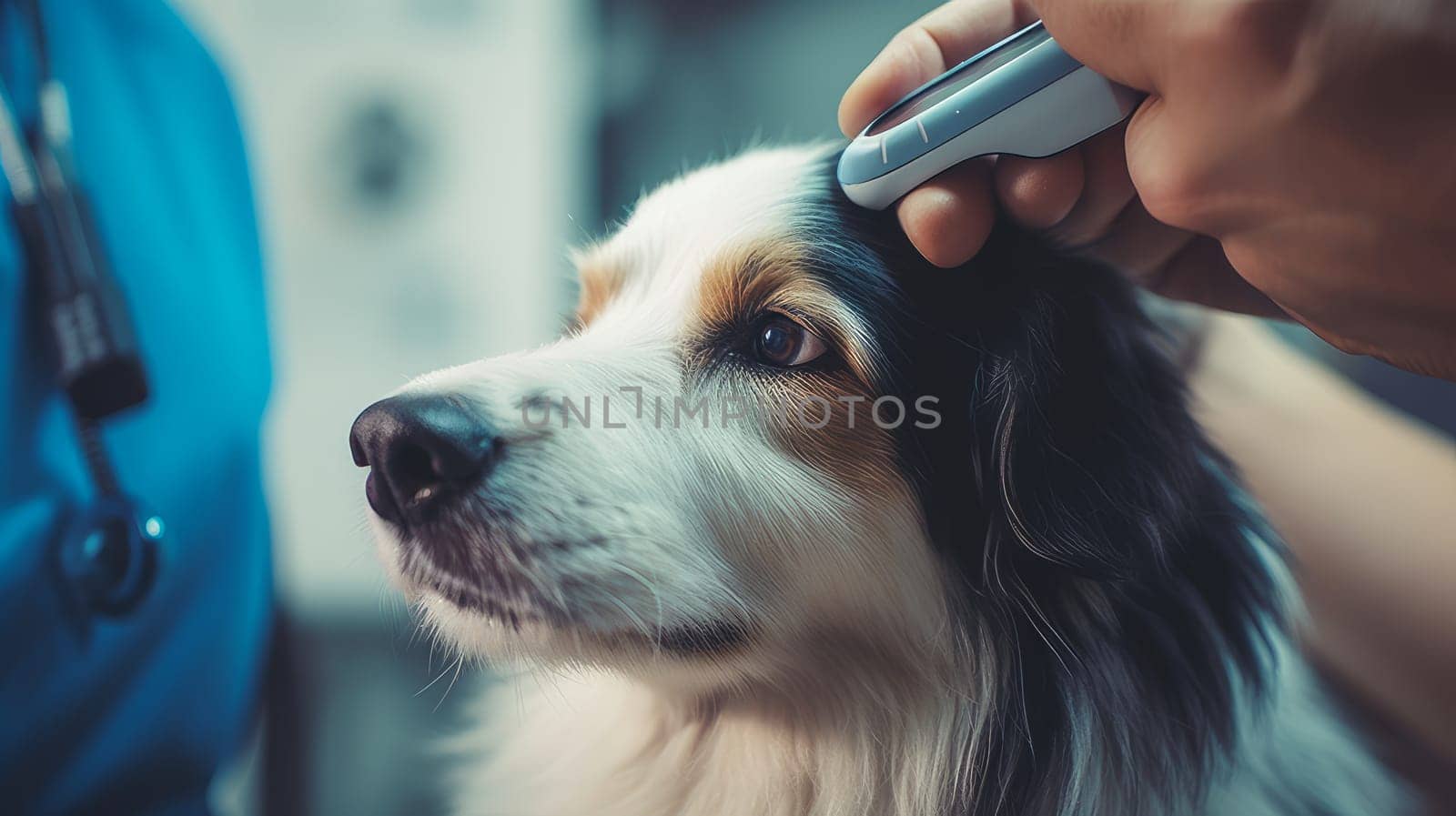 A cute veterinarian examines the dog, takes the temperature and takes tests at the clinic for diseases. Pet care and grooming concept.