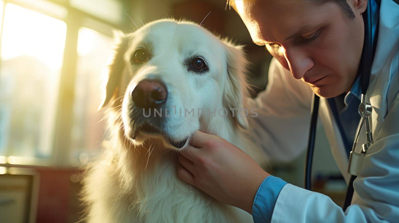 A cute veterinarian examines the dog, takes the temperature and takes tests at the clinic for diseases. Pet care and grooming concept.