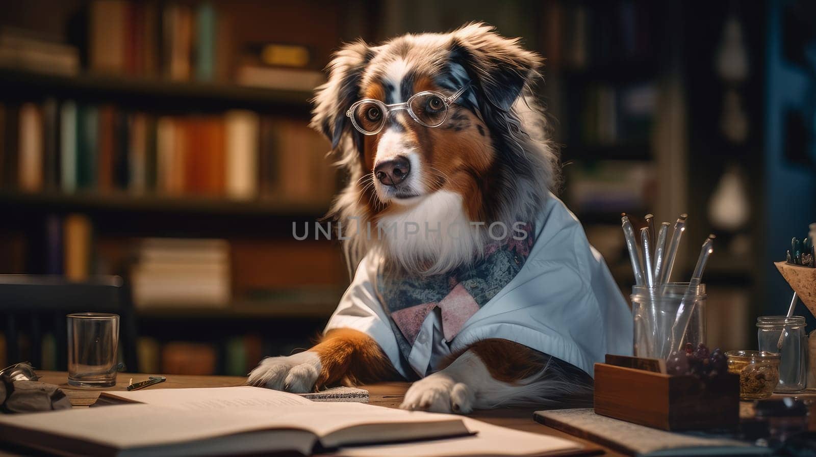 A cat in a doctor's dog sits at the table and prescribes medications at a veterinary pharmacy. Concept of care and care for pets
