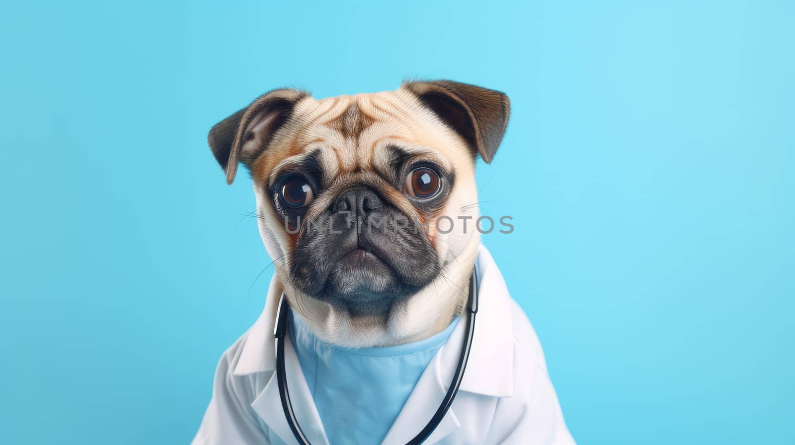 A dog with glasses, a stethoscope and a doctor's suit on a blue background.