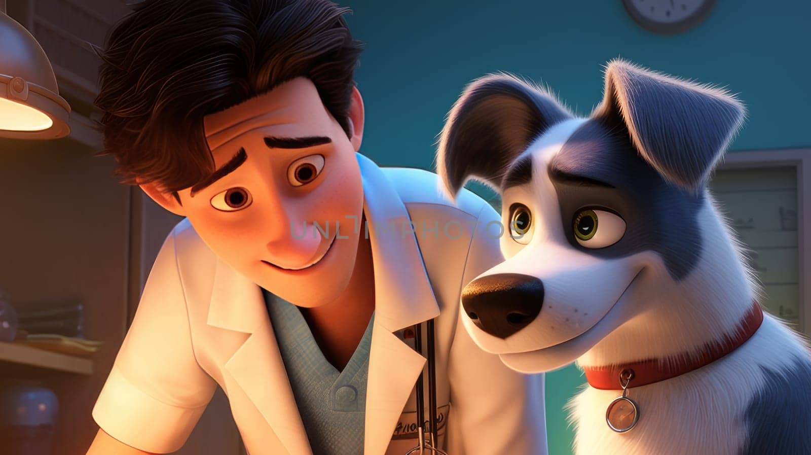 A cute veterinarian examines the dog, takes the temperature and takes tests at the clinic for diseases. Pet care and grooming concept.