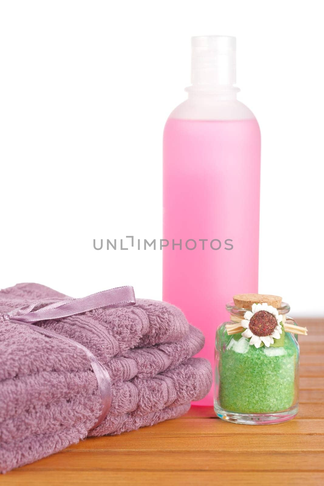 Towels and soap bottle