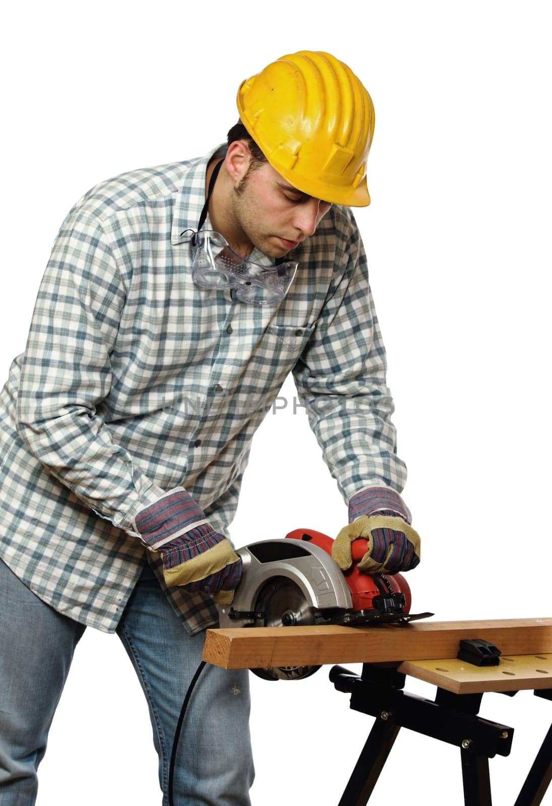 manual worker and electric saw